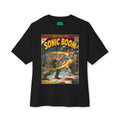 Black t-shirt with a graphic design of 'Sonic Boom' on a white background featuring unique vintage comic cover art, High-quality gaming apparel for retro horror fans by sukiprime