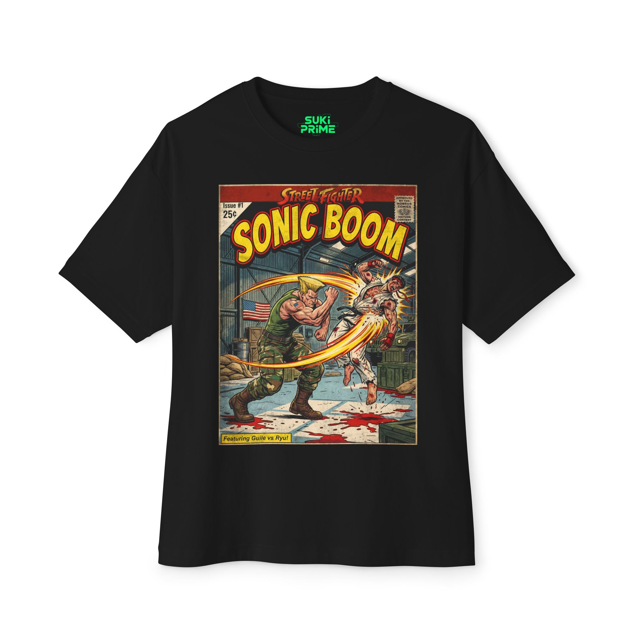 Black t-shirt with a graphic design of 'Sonic Boom' on a white background featuring unique vintage comic cover art, High-quality gaming apparel for retro horror fans by sukiprime