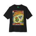 Black t-shirt with a comic book-style design featuring 'Lightning Cannonball' on a white background featuring unique vintage comic cover art, High-quality gaming apparel for retro horror fans by sukiprime