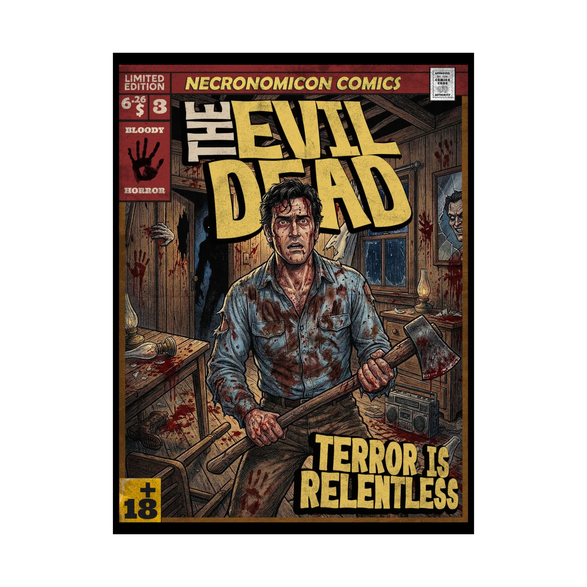 The Evil Dead Movie Poster designed with retro vintage comic book cover style. Movie poster is satin (300gsm) 18″ x 24″ (Vertical) for retro wall decoration. exclusive and unique design by SukiPrime