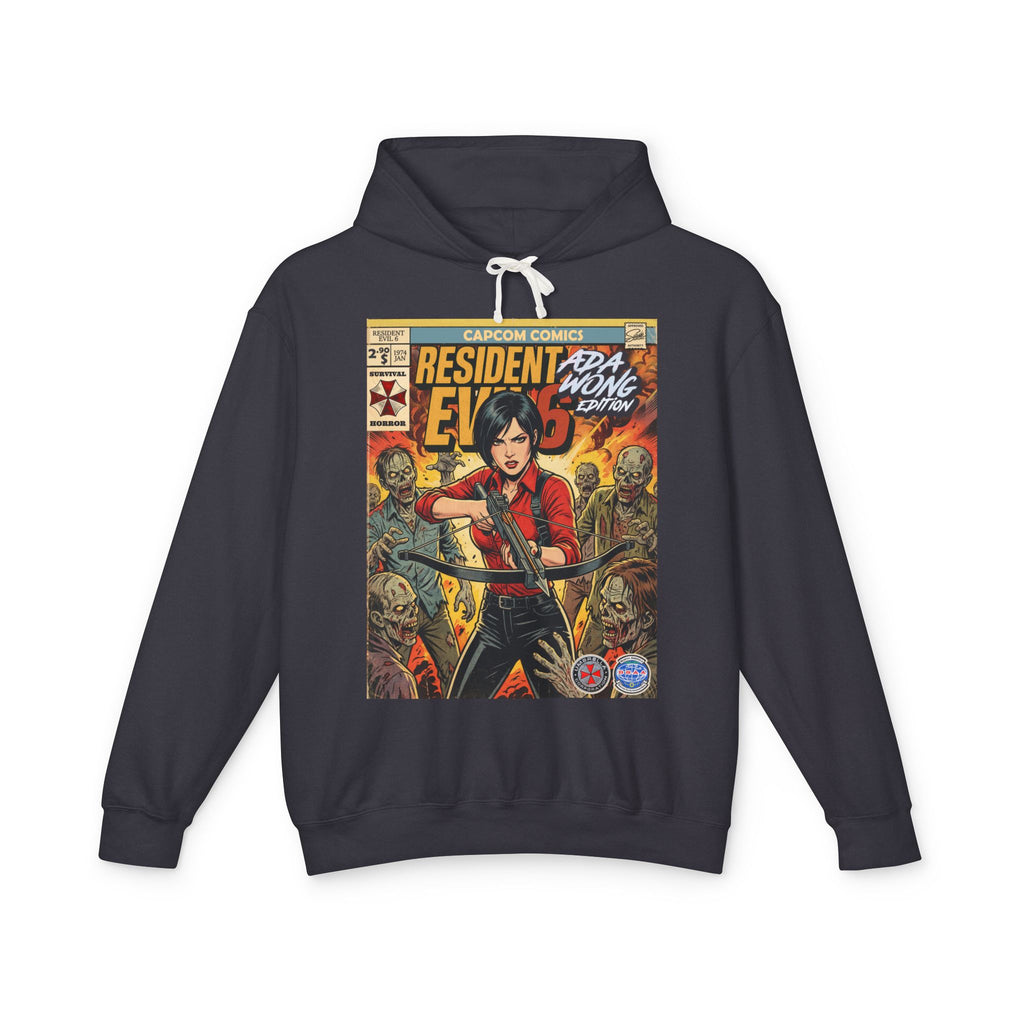 Black hoodie with 'Resident Evil' graphic design on a white background featuring retro vintage comic cover art gaming hoodie designed by SukiPrime