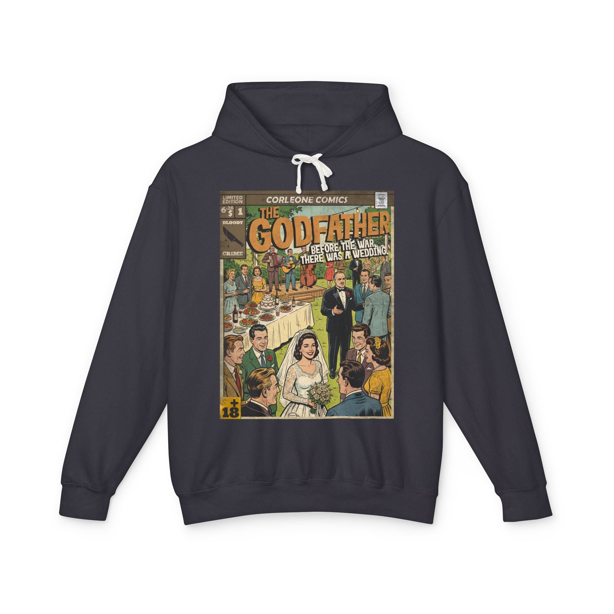 Black hoodie from SukiPrime featuring a vintage comic book graphic of The Godfather wedding scene.