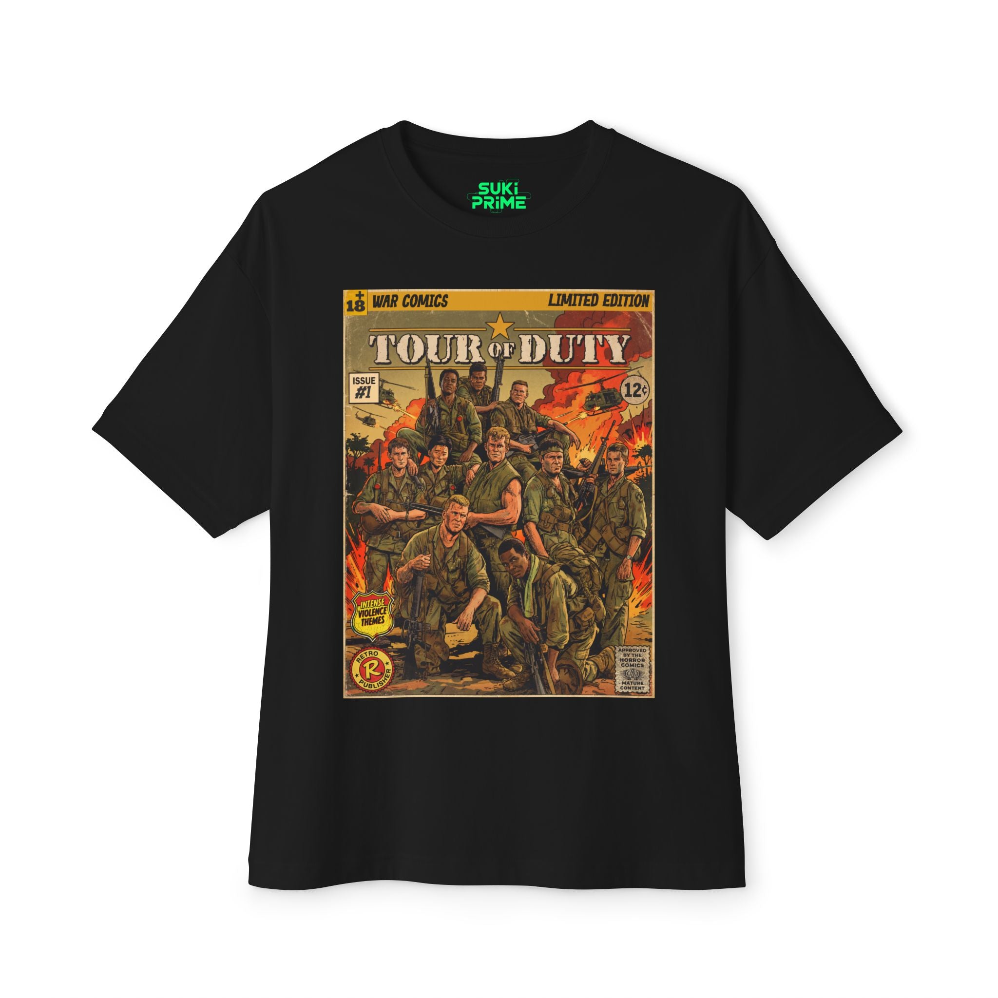 Shop Retro Vintage Comic Cover The Tour of Duty oversized unisex t‑shirt by SukiPrime. Exclusive TV-series inspired design with nostalgic comic-cover style.
