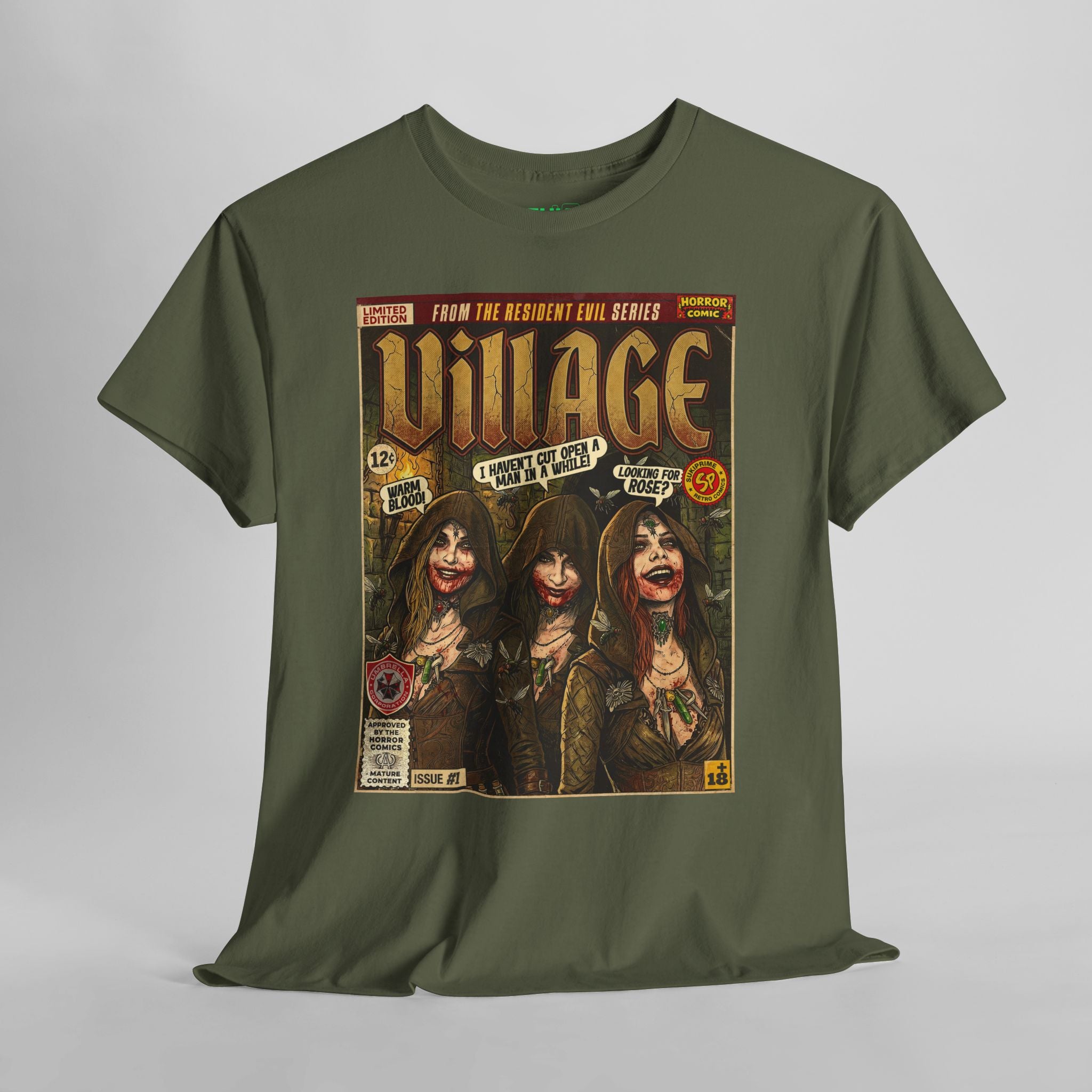Military green Black Resident Evil Village Comic Art T-Shirt by SukiPrime