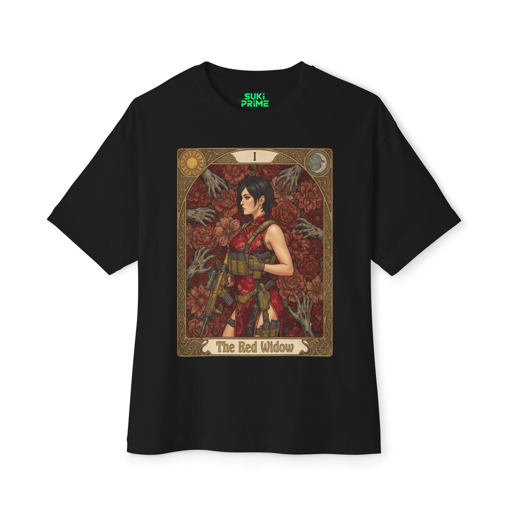 Black t-shirt with 'The Red Widow' graphic design on a white background featuring unique vintage comic cover art, High-quality gaming apparel for retro horror fans by sukiprime