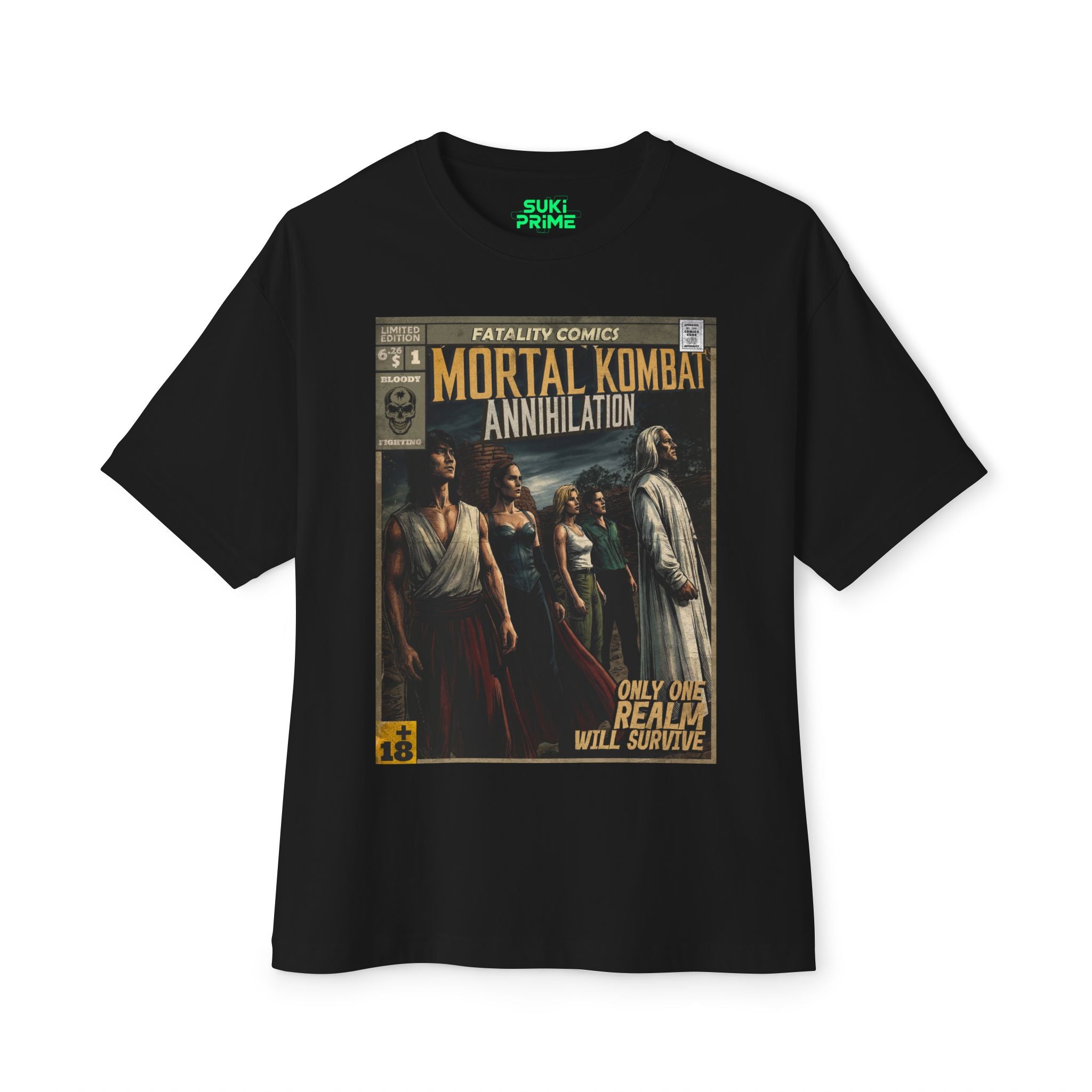 A black oversized t-shirt featuring a vintage comic book graphic titled "Mortal Kombat Annihilation" by Fatality Comics. The design showcases characters Liu Kang and Raiden in a retro, weathered style, with the text "Only One Realm Will Survive" printed at the bottom right. The shirt is branded by Suki Prime, visible on the inner neck label