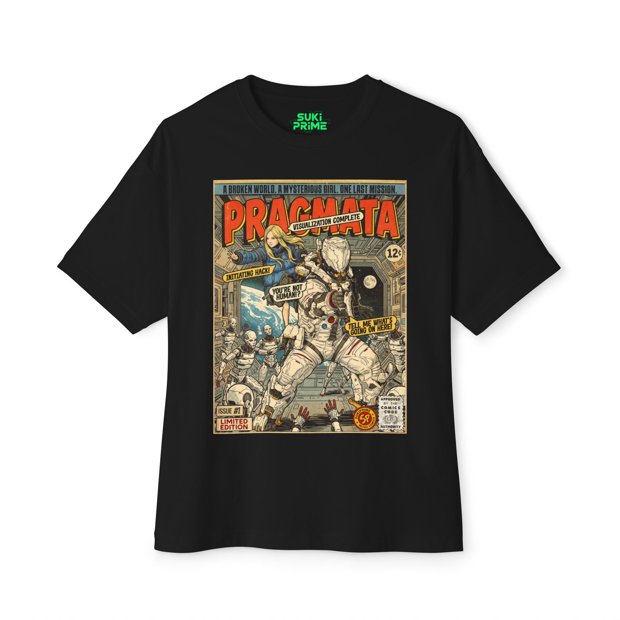 Black Pragmata Comic Art Oversized T-Shirt by SukiPrime
