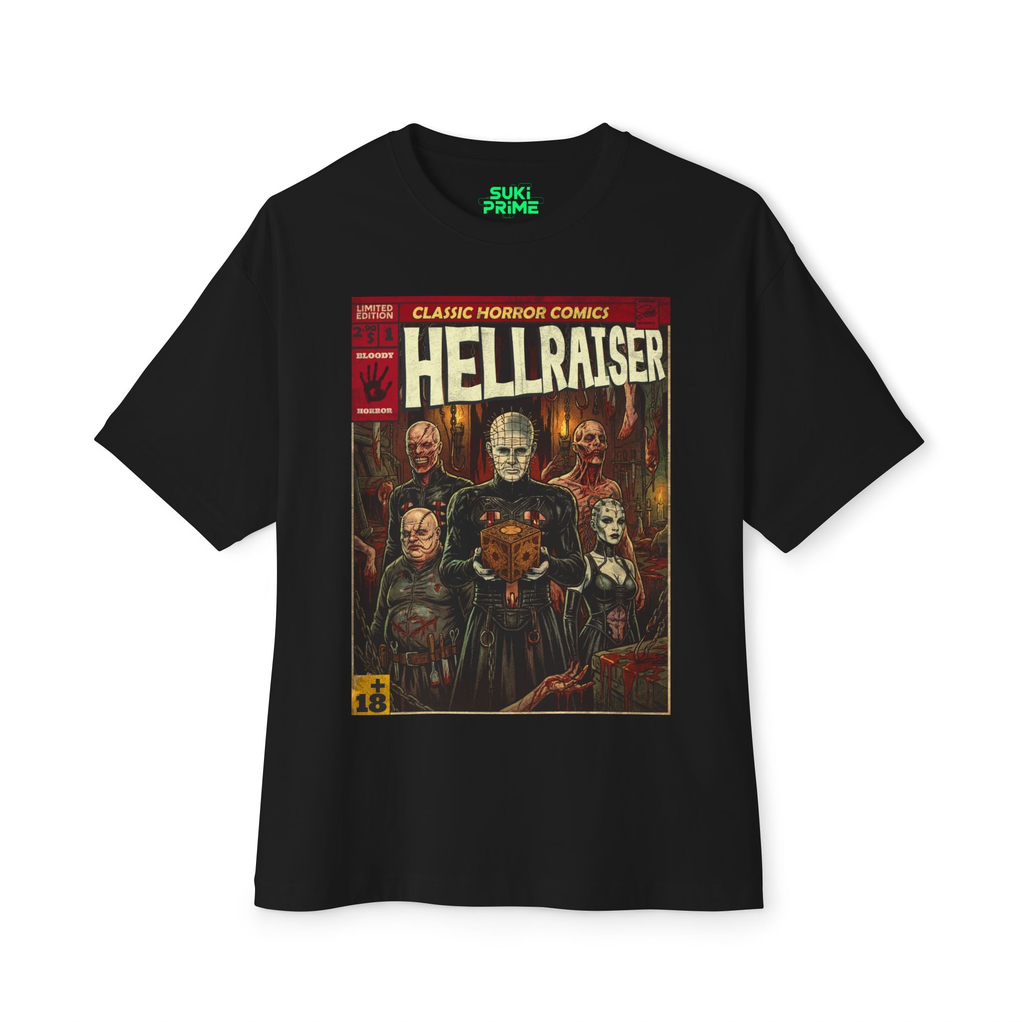 A black oversized t-shirt featuring a vintage-style graphic print inspired by "Classic Horror Comics" for Hellraiser. The design prominently displays Pinhead holding the Lament Configuration puzzle box, surrounded by other Cenobites in a dark, bloody setting. The artwork includes comic book elements such as a price tag, "Limited Edition" badge, and an 18+ rating, emphasizing its horror theme