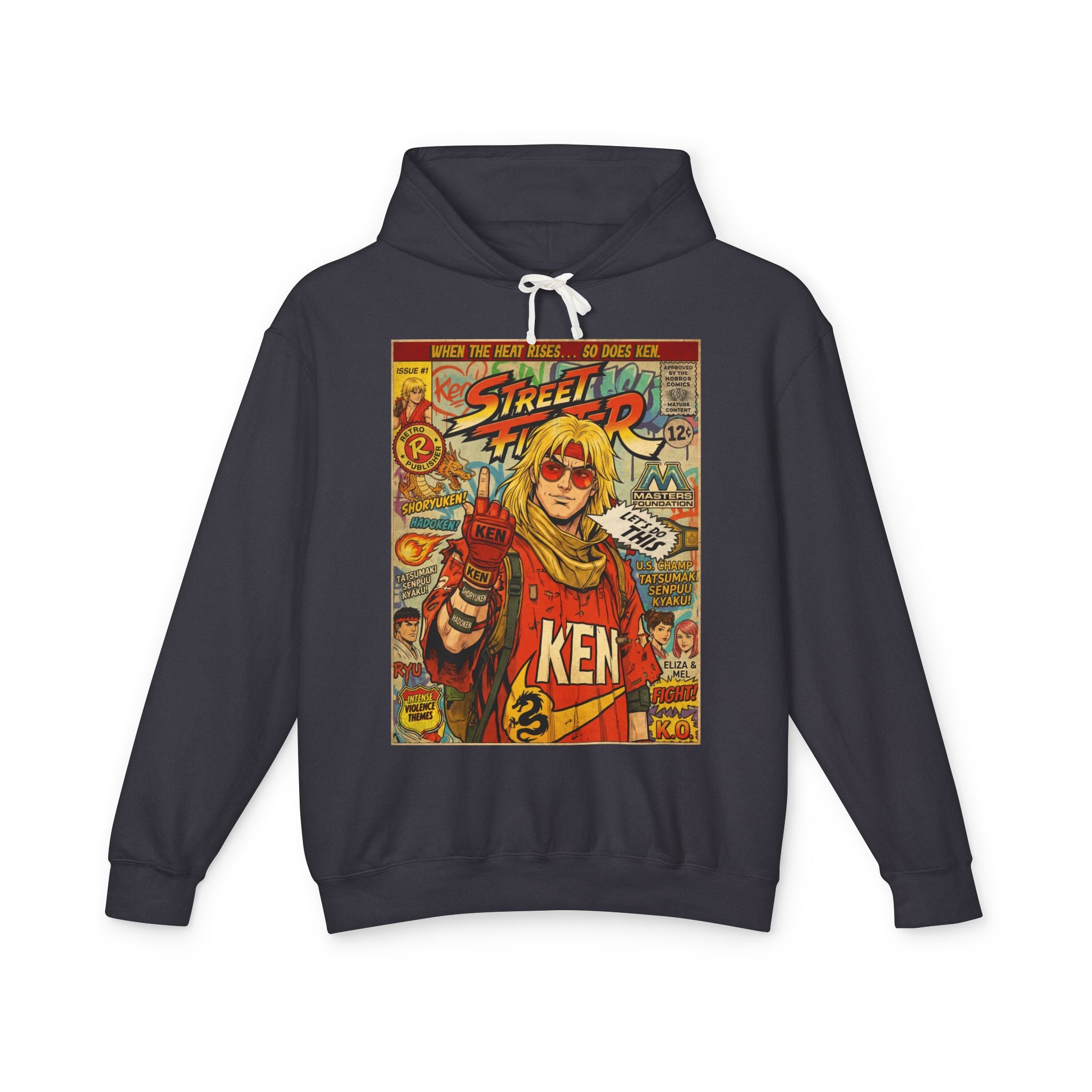 Ken Street Fighter Comic Cover Gaming Hoodie featuring unique vintage comic cover art. High-quality gaming apparel for retro fans By SukiPrime