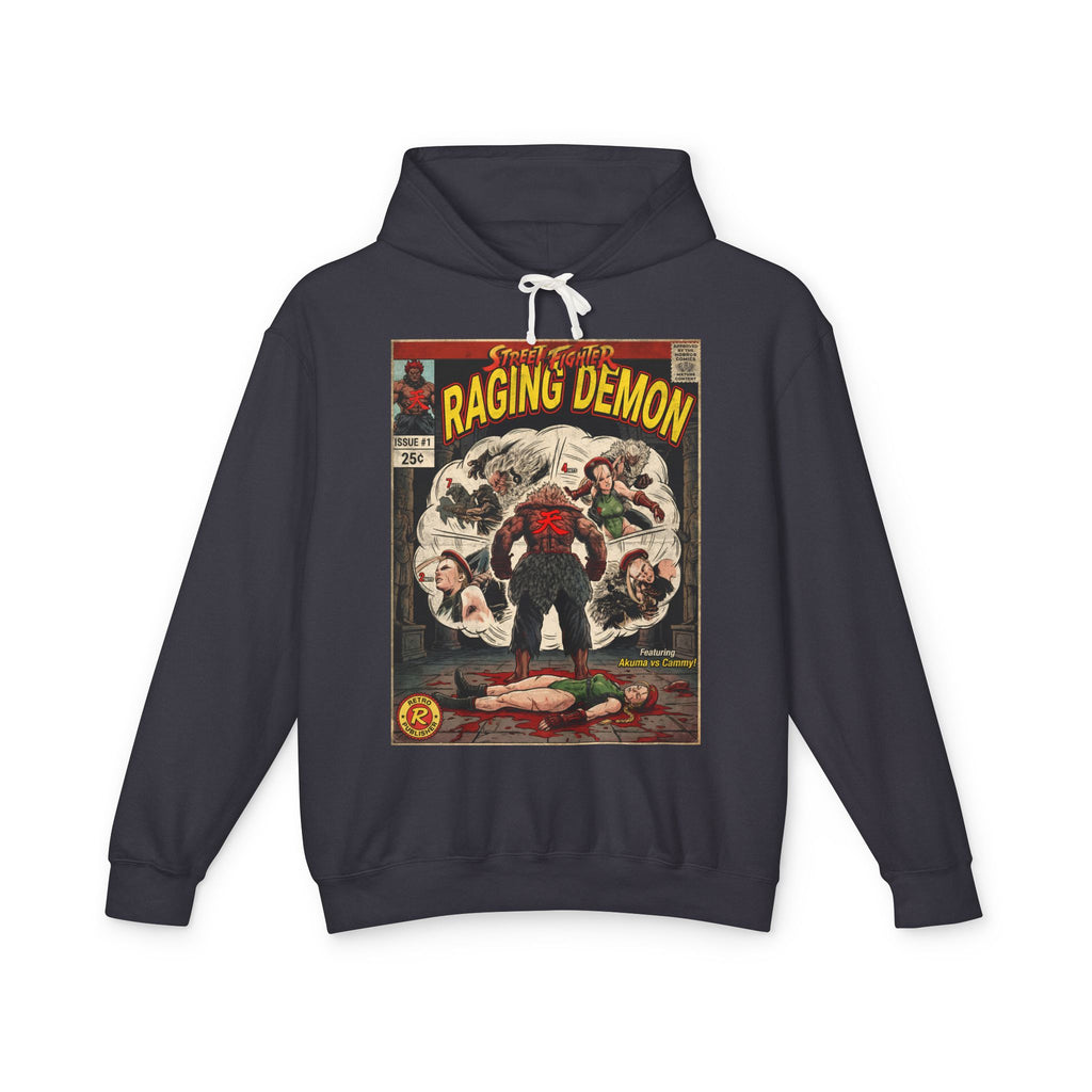 Black hoodie with 'Raging Demon' Akuma and cammy fight in street fighter game comic book cover design on a white background featuring retro vintage comic cover art gaming hoodie designed by SukiPrime