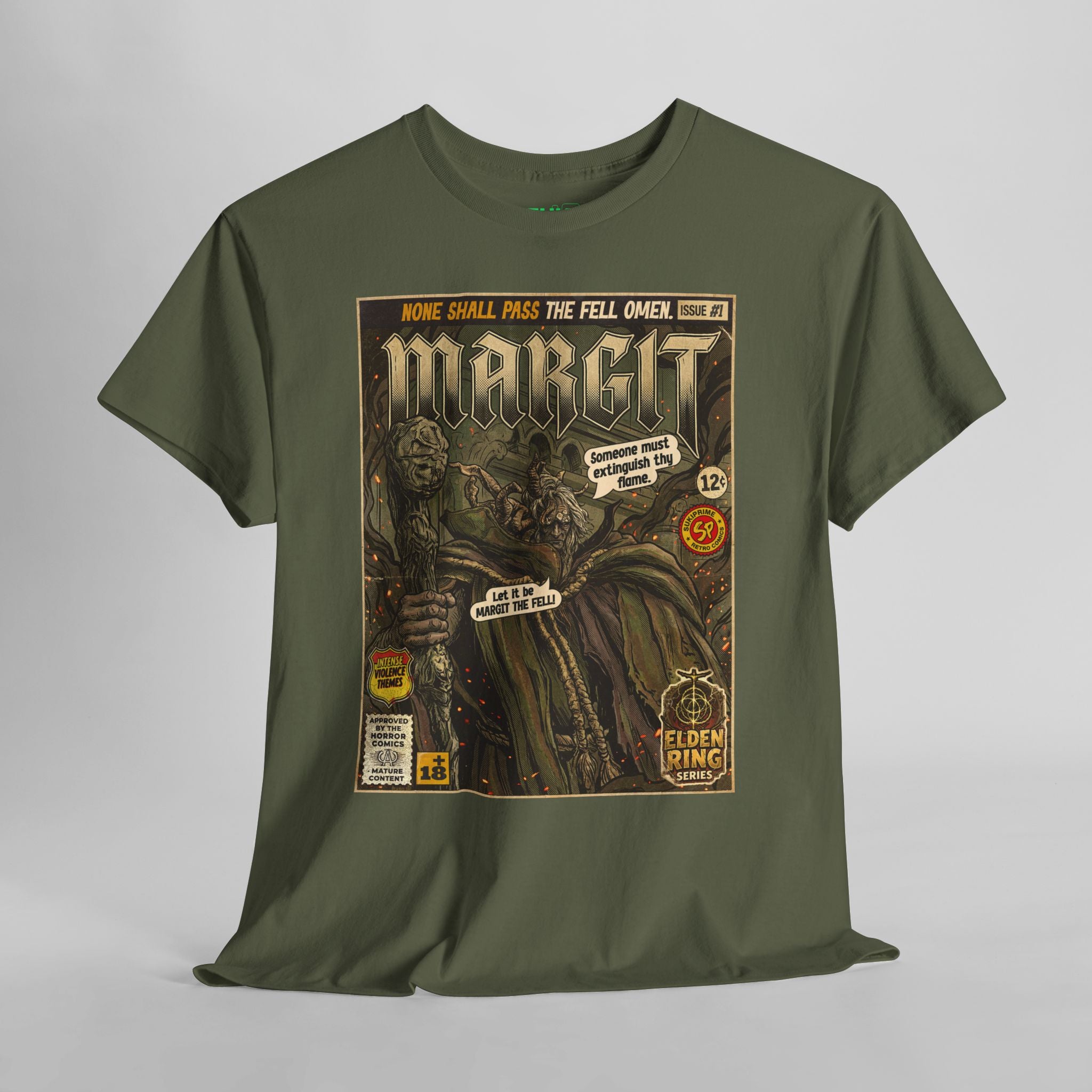 Military green Margit Elden Ring Comic Art T-Shirt by SukiPrime