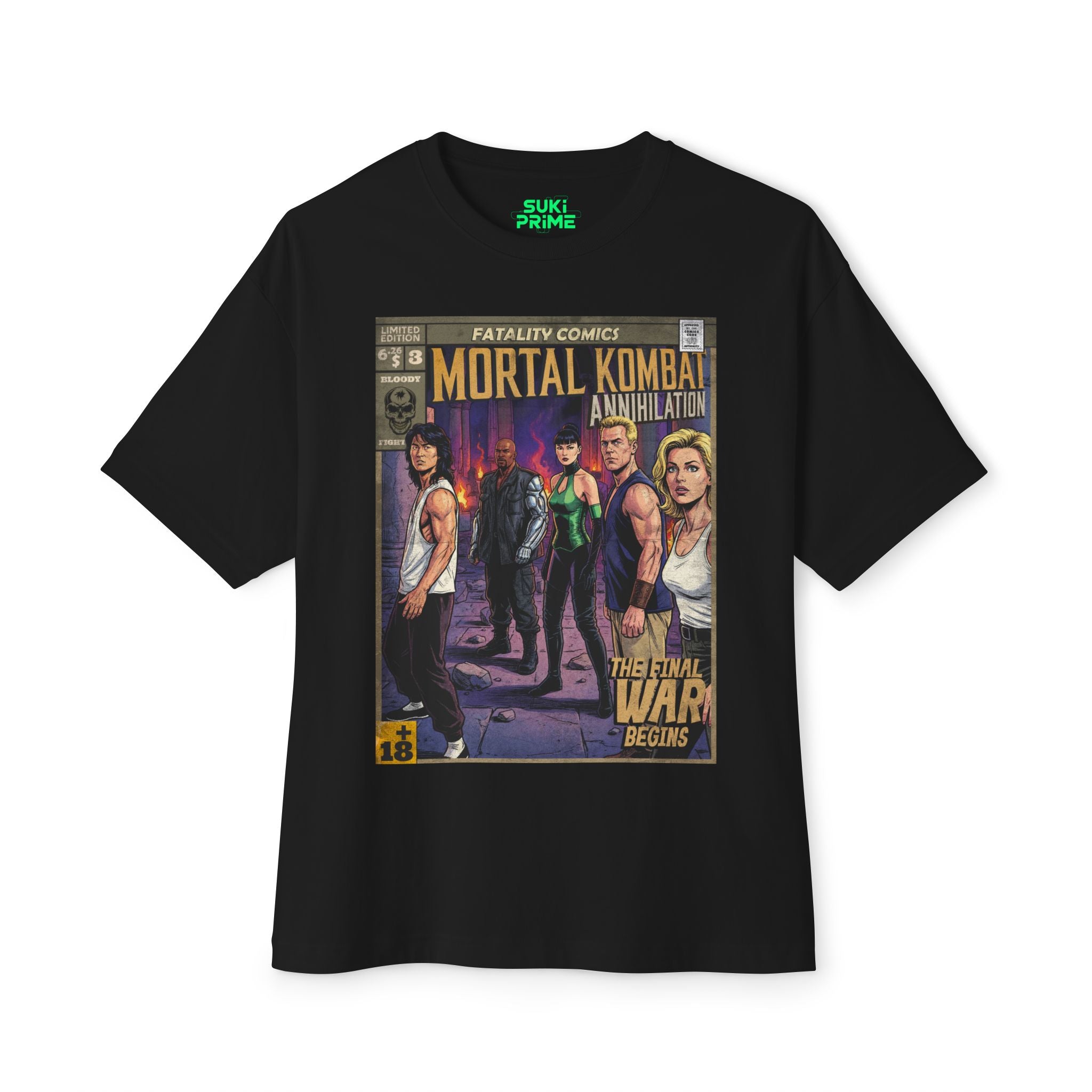 Flat lay of a black short-sleeved t-shirt featuring a vintage comic book graphic titled 'Mortal Kombat Annihilation' by 'Fatality Comics.' The design showcases five iconic characters—Liu Kang, Jax, Kitana, Johnny Cage, and Sonya Blade—set in a battle-worn environment. The graphic has a retro aesthetic with the text 'The Final War Begins' and a '+18' rating in the corner, emphasizing its nostalgic appeal.