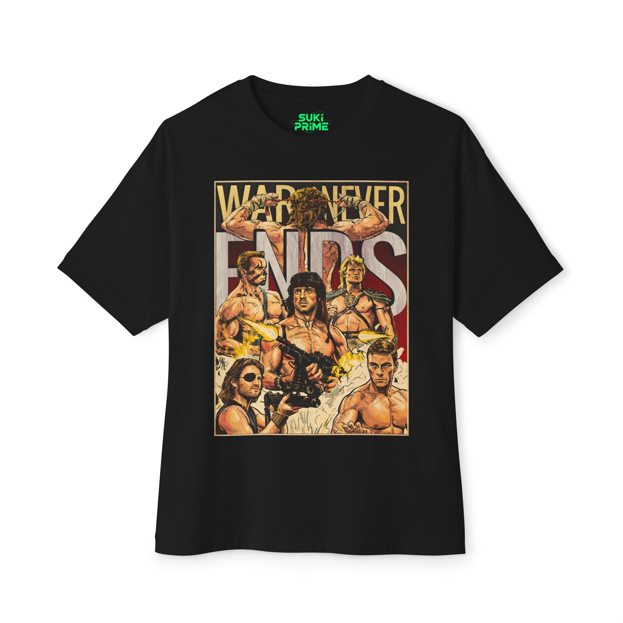 A black oversized t-shirt showcasing a retro comic-book style graphic titled "WAR NEVER ENDS," featuring a collage of 1980s action movie icons, including Sylvester Stallone as Rambo, Arnold Schwarzenegger as John Matrix, Dolph Lundgren as He-Man, Kurt Russell as Snake Plissken, and Jean-Claude Van Damme