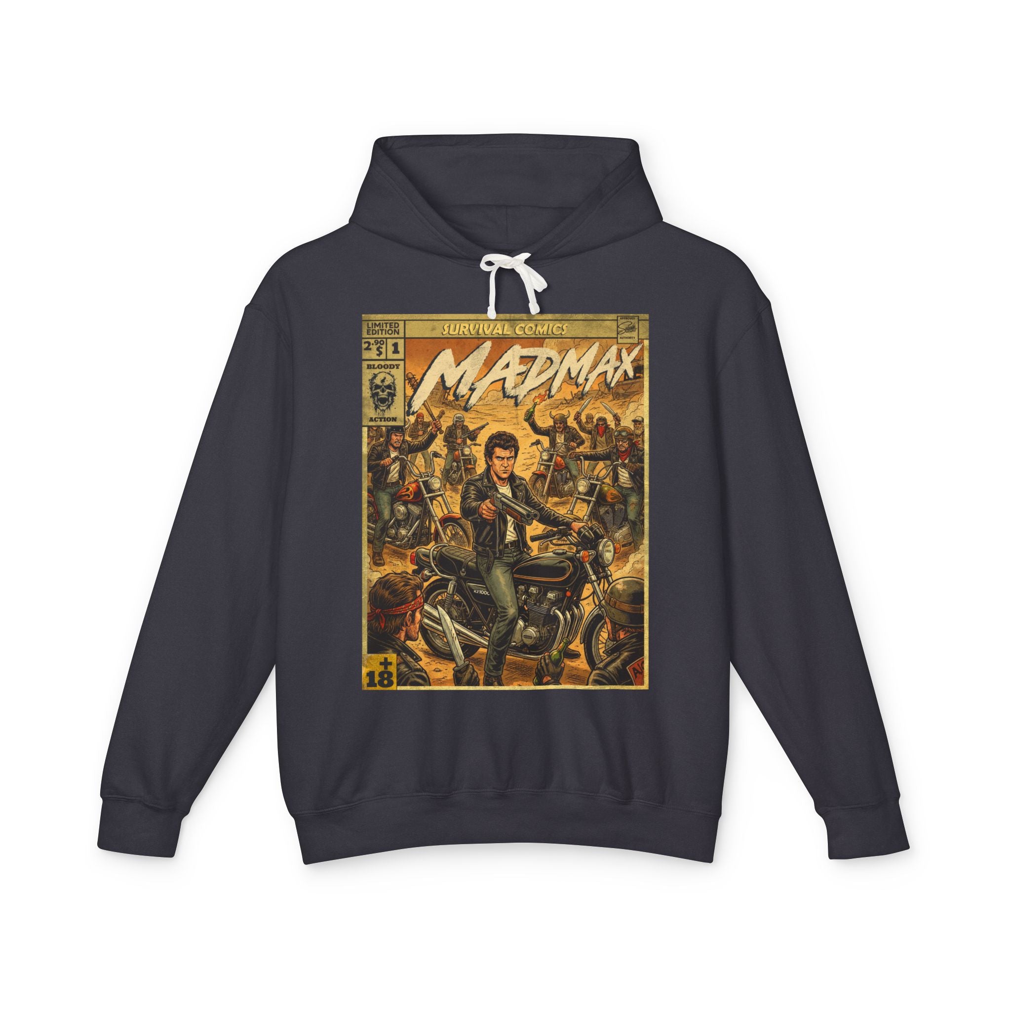 SukiPrime hoodie featuring a vintage Mad Max comic book cover graphic with a motorcycle and biker gang design in distressed colors.