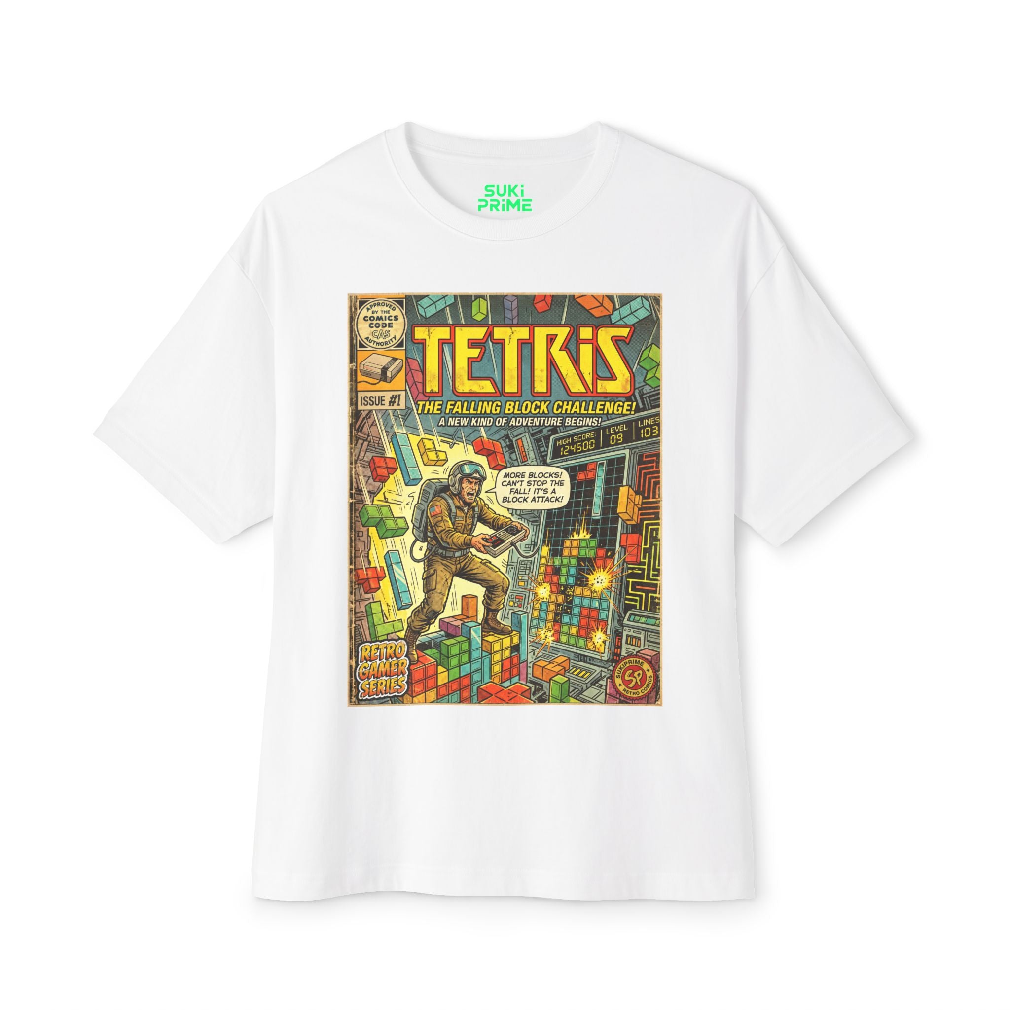 White Tetris Comic Art Oversized T-Shirt by SukiPrime