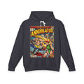 Black hoodie with street fighter luke and cammy fighting comic book graphic design on a white background featuring retro vintage comic cover art gaming hoodie designed by SukiPrime