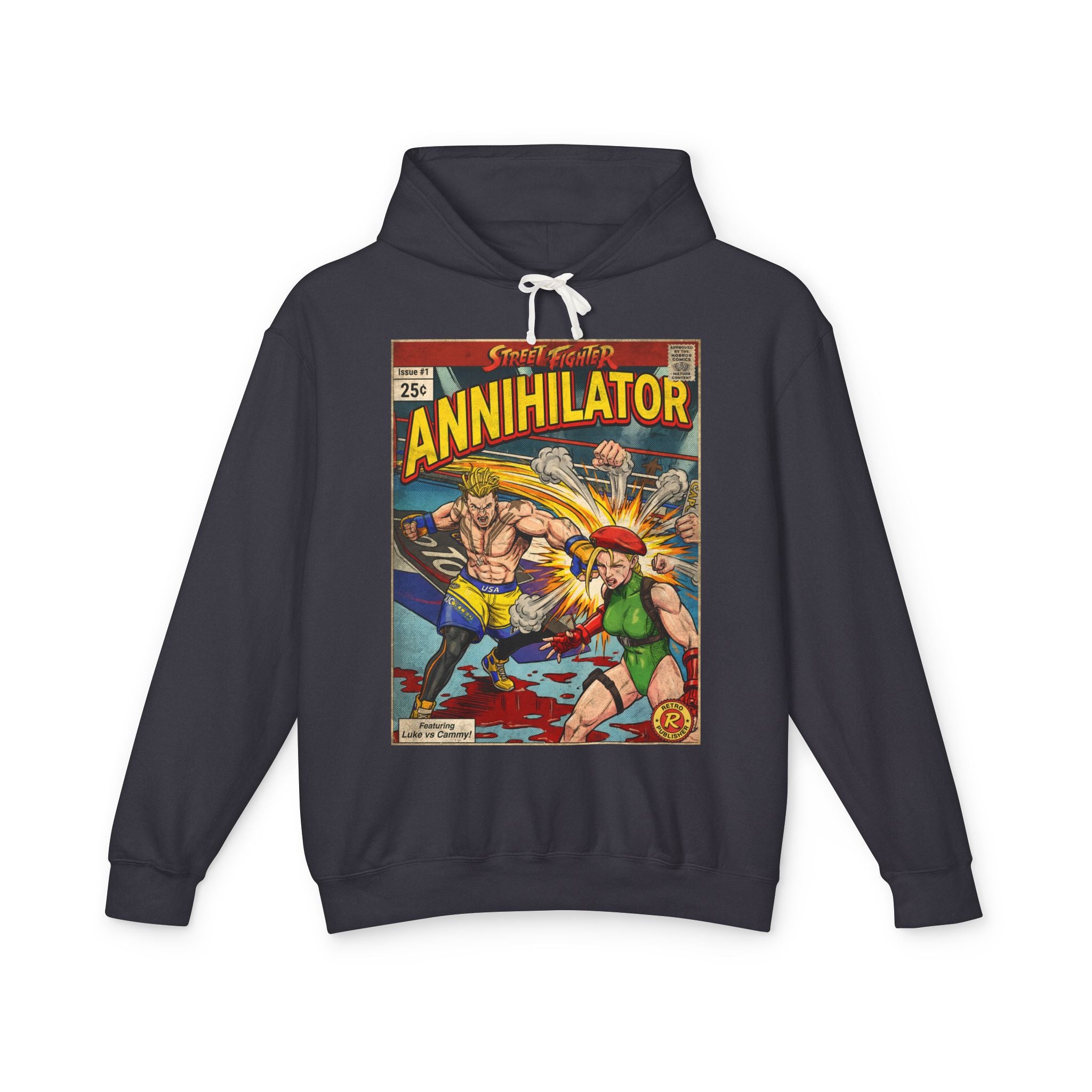Black hoodie with street fighter luke and cammy fighting comic book graphic design on a white background featuring retro vintage comic cover art gaming hoodie designed by SukiPrime