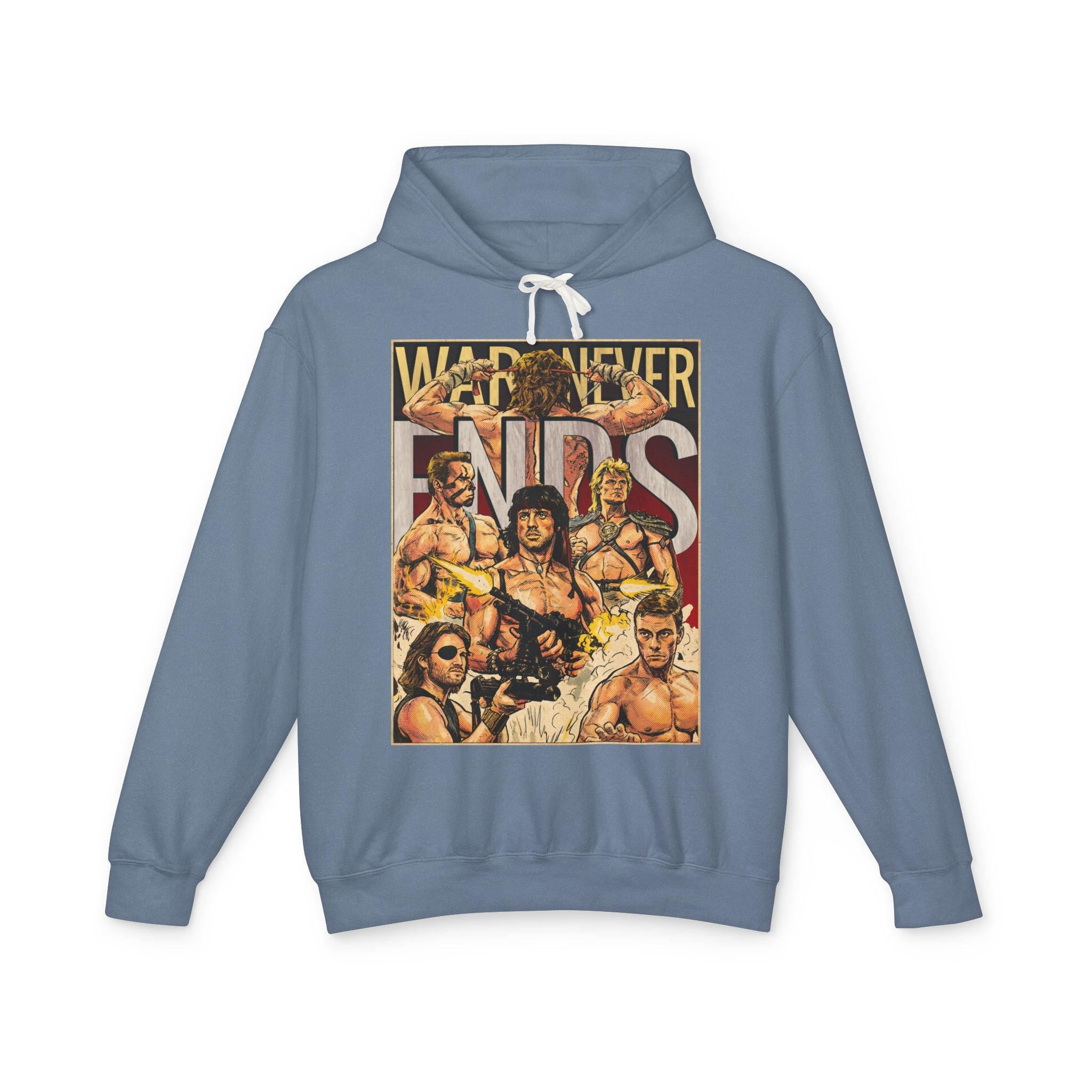 War Never Ends 80's Action Movie Comic Cover Hoodie