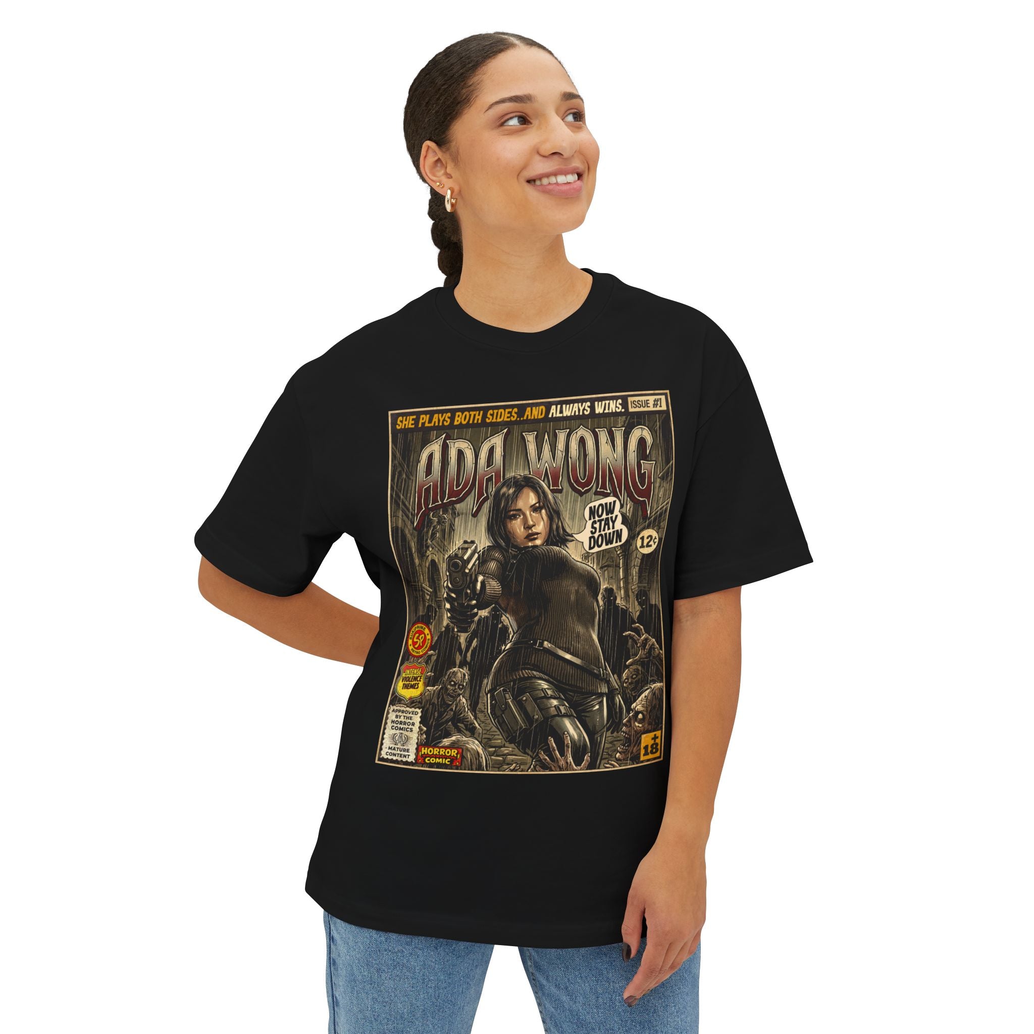 Girl wearing Black Resident Evil Ada Wong Comic Art Oversized T-Shirt by Sukiprime