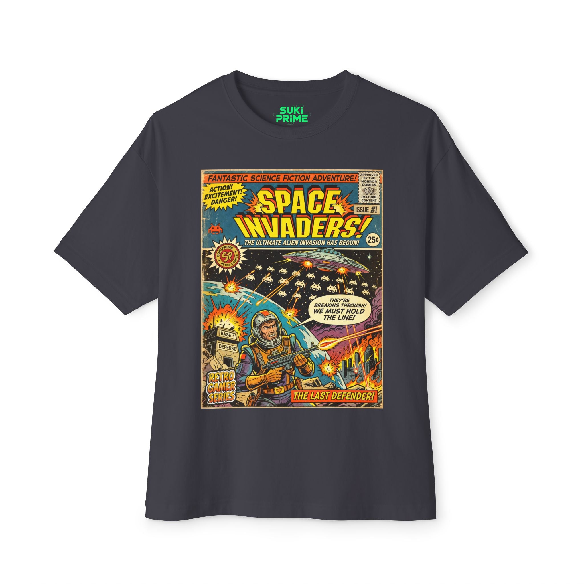Brown Space Invaders Comic Art Oversized T-Shirt by SukiPrime