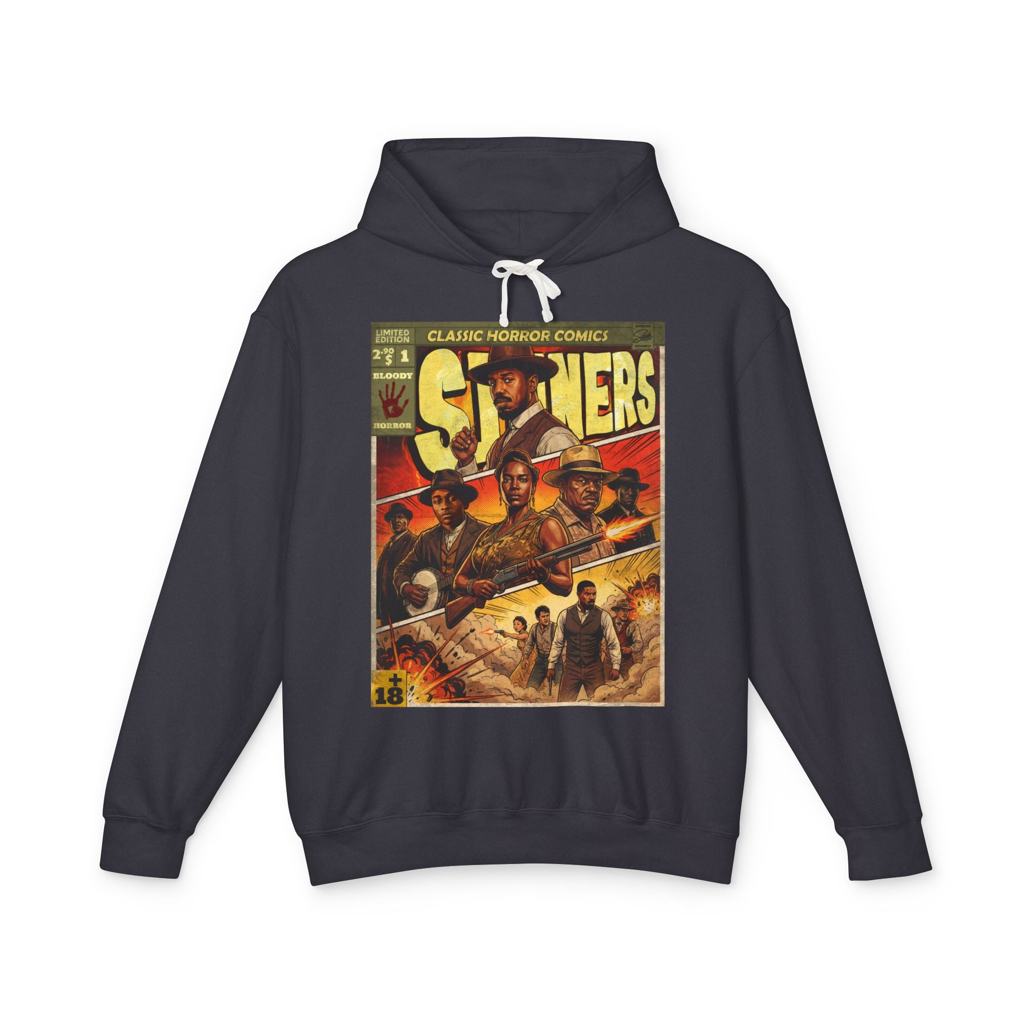SukiPrime black hoodie featuring a vintage Sinners Classic Horror Comics graphic with retro characters and action scenes.