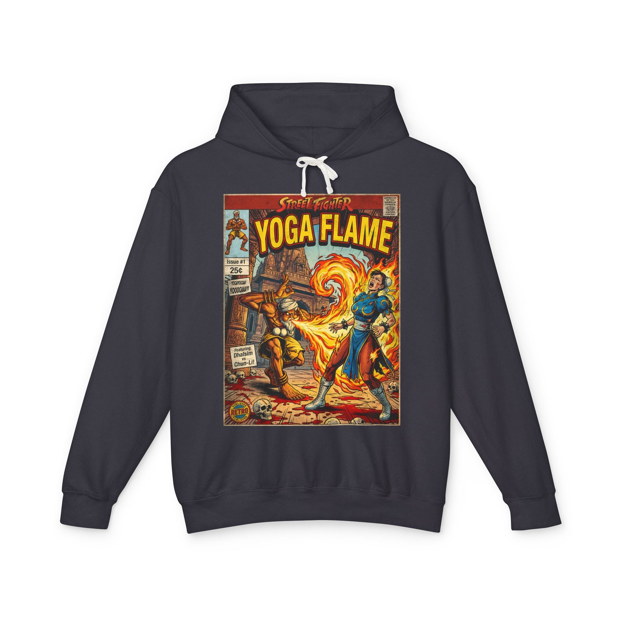 Black blue hoodie with a dhalsim and chun-li fight in street fighter comic book-style design on a white background featuring retro vintage comic cover art gaming hoodie designed by SukiPrime