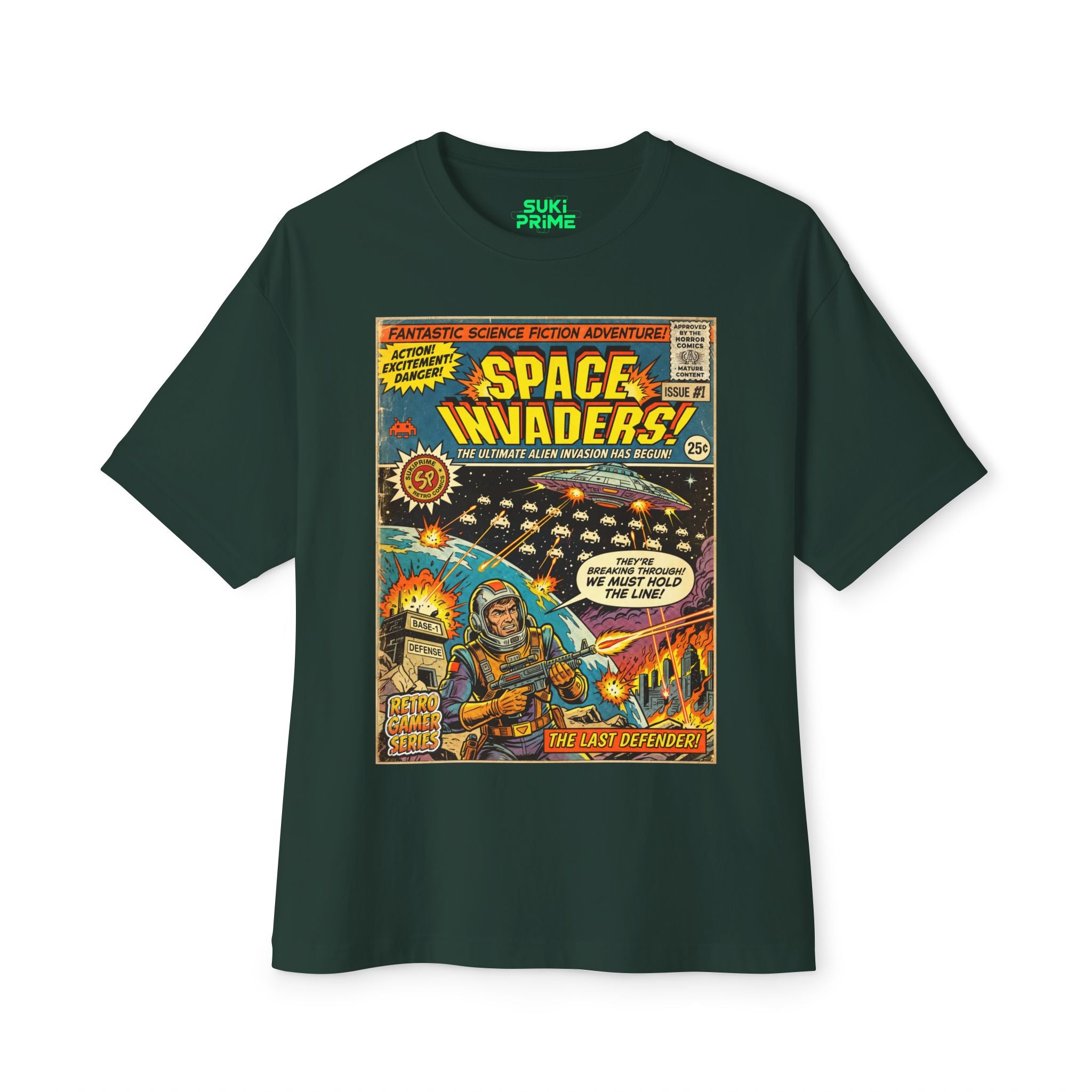Green Space Invaders Comic Art Oversized T-Shirt by SukiPrime