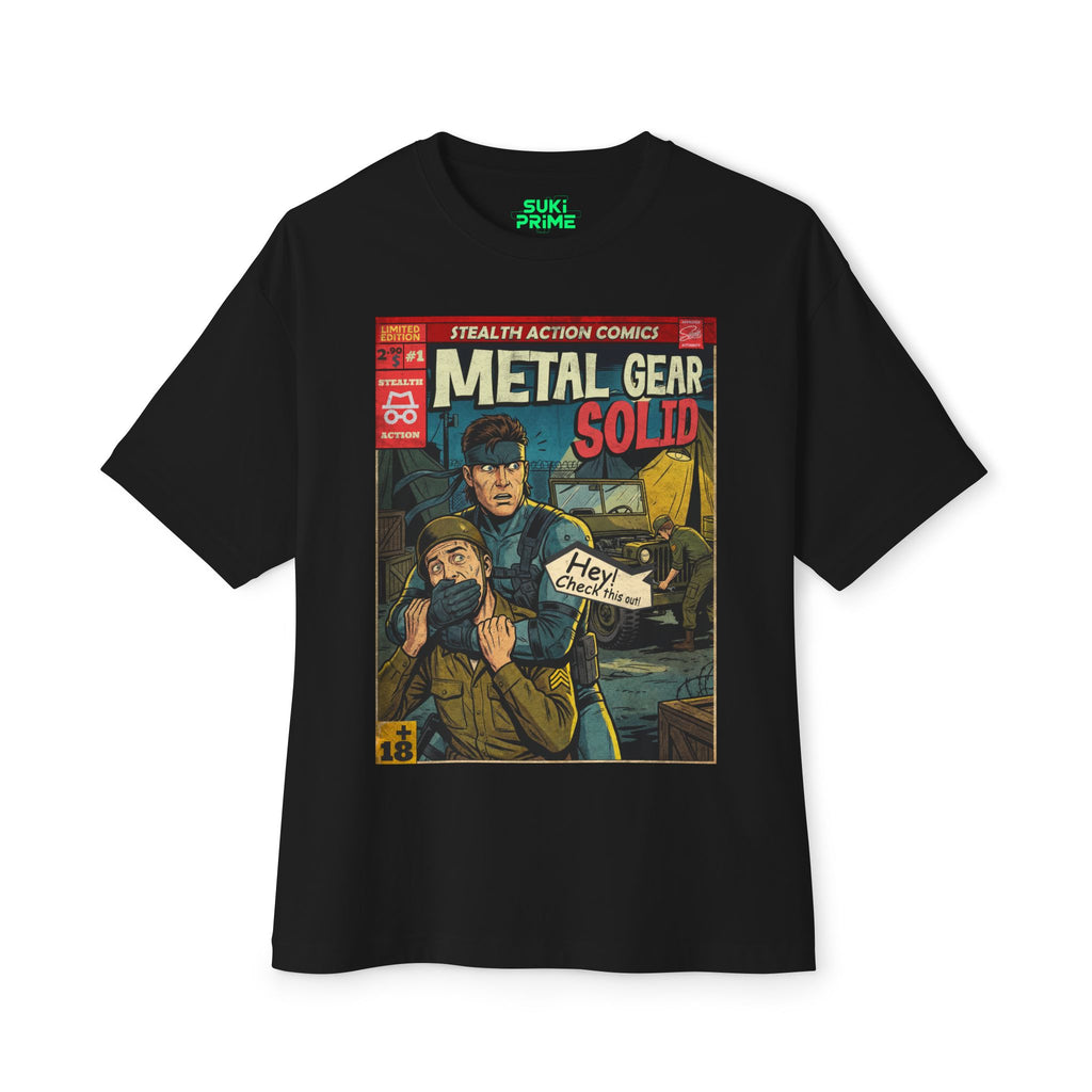 Black t-shirt with 'Metal Gear Solid' comic book cover design on a white background featuring unique vintage comic cover art, High-quality gaming apparel for retro horror fans by sukiprime