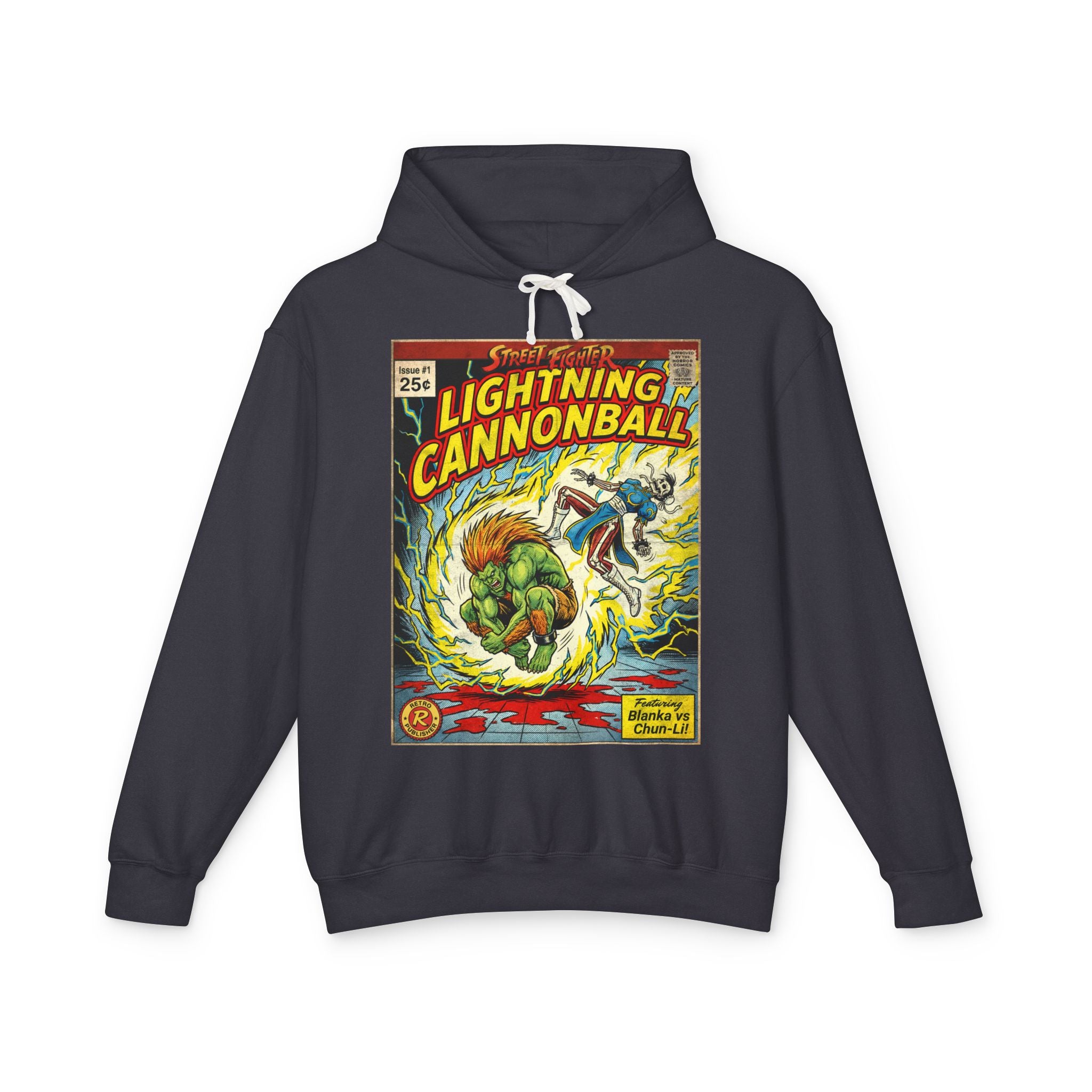 Black hoodie with a blanka and chun-li fight in street fighter comic book-style design featuring 'Lightning Cannonball' on a white background featuring retro vintage comic cover art gaming hoodie designed by SukiPrime
