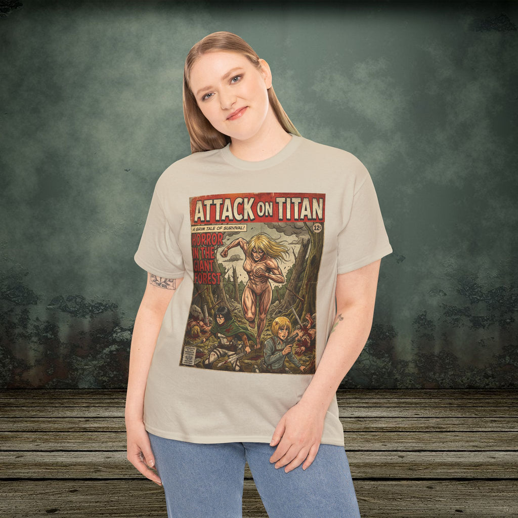 Person wearing a 'Attack on Titan' t-shirt with a graphic design against a textured wall background.
