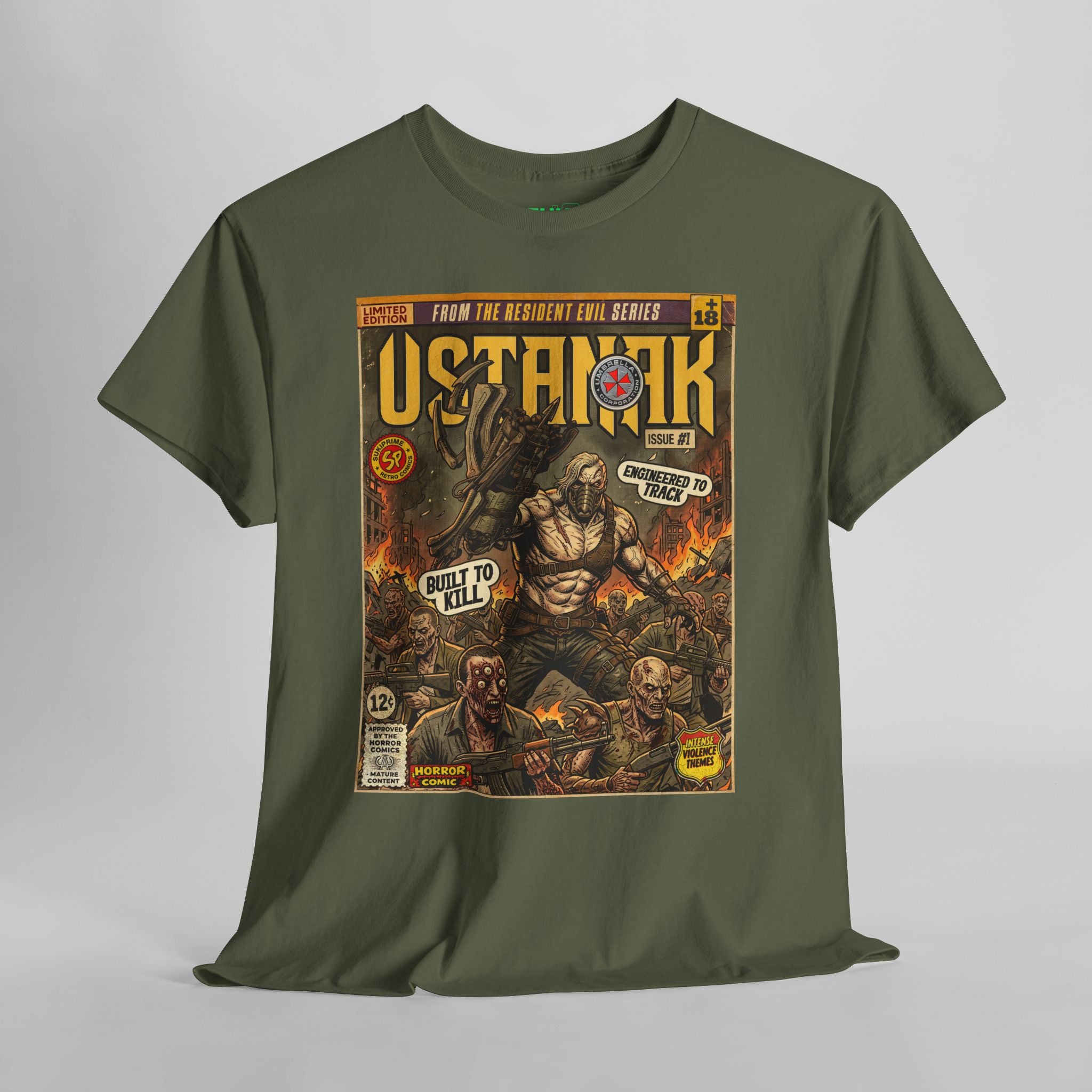 Military green Resident Evil 6 Comic Art T-Shirt by SukiPrime