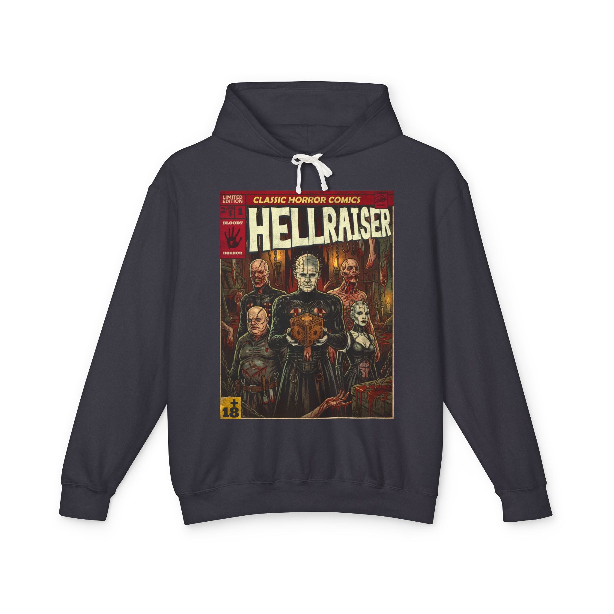 SukiPrime black hoodie with retro Hellraiser comic design, showcasing Pinhead and Cenobites in vibrant colors. Perfect for horror enthusiasts.