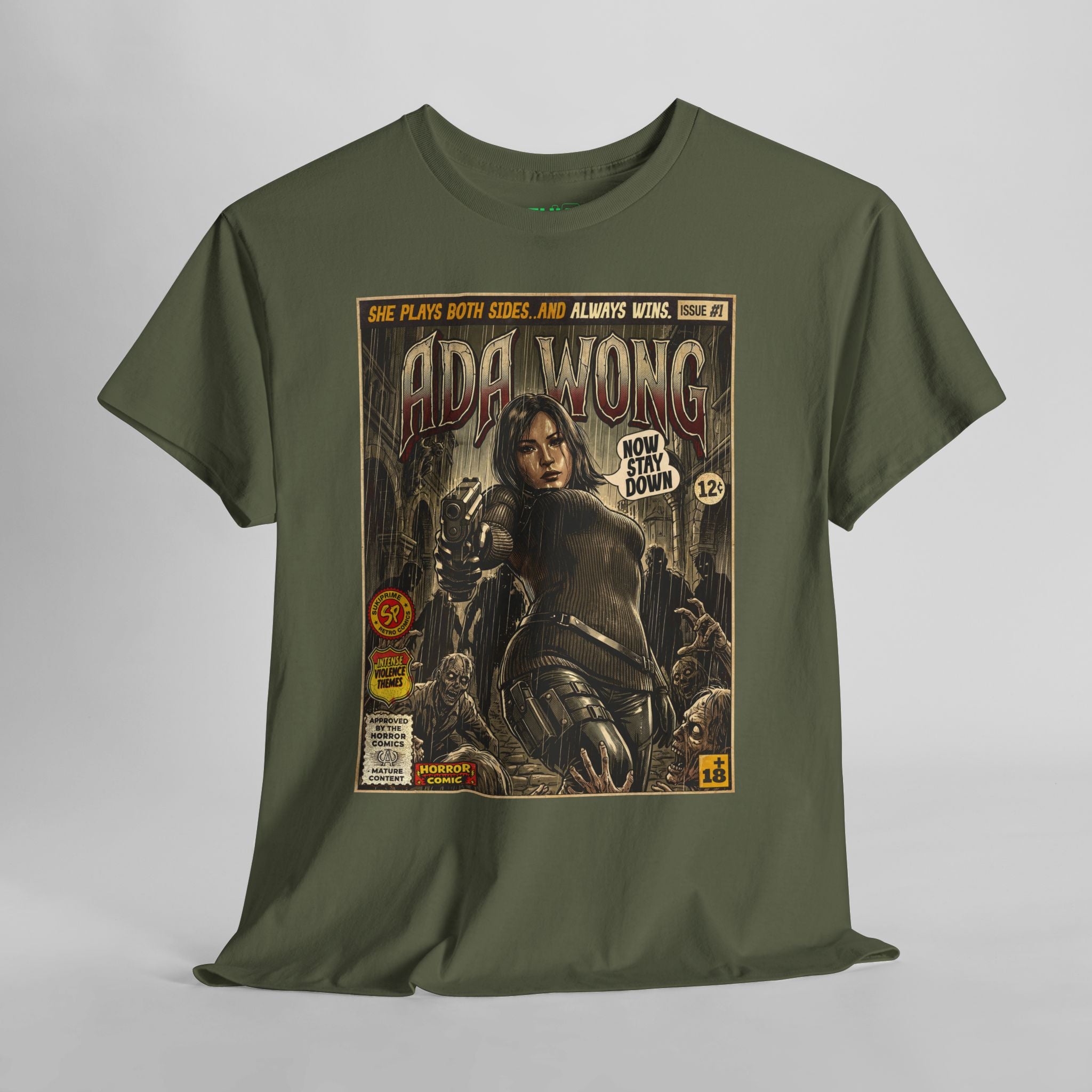 Military Green Resident Evil Ada Wong Comic Art T-Shirt by SukiPrime 