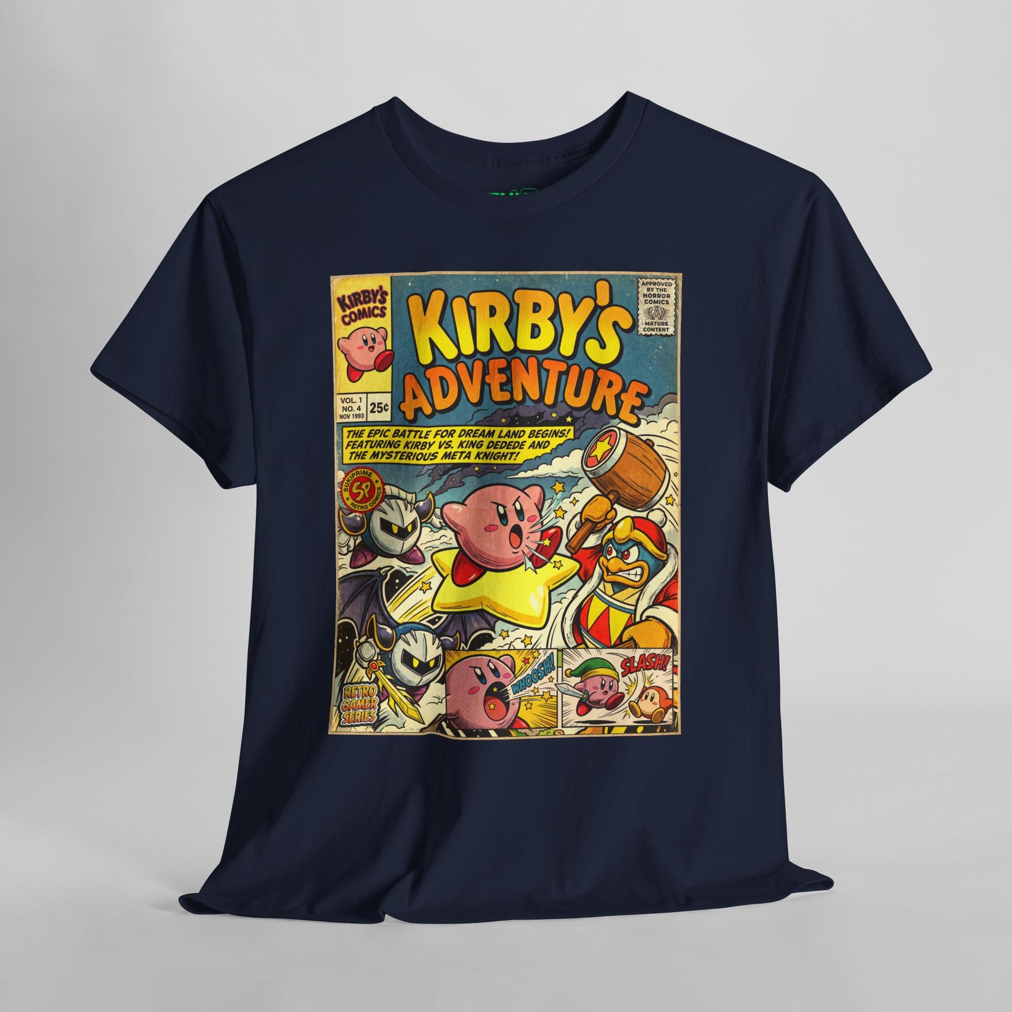 Navy Blue Kirby's Adventure Comic Cover T-Shirt by SukiPrime
