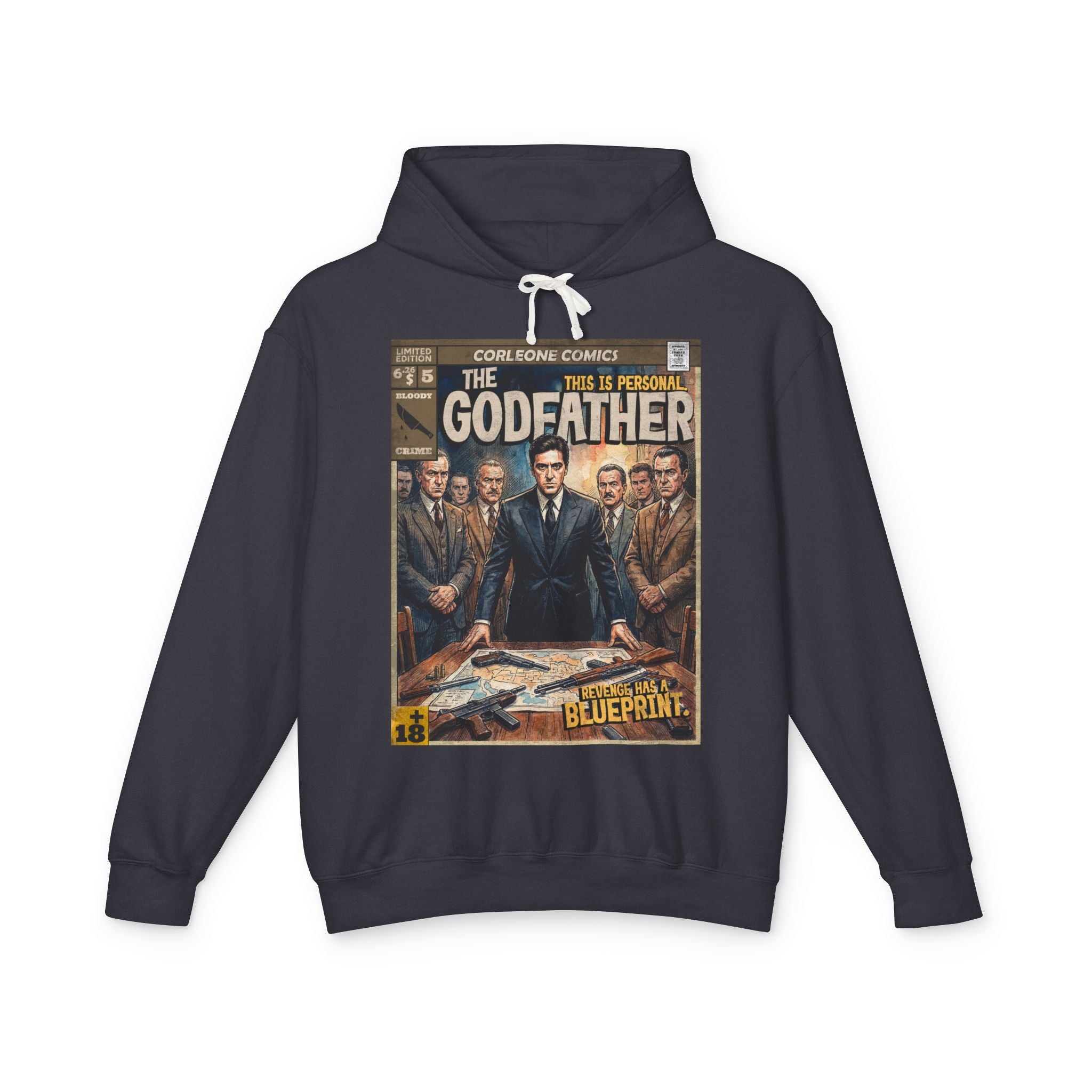 SukiPrime vintage Godfather hoodie featuring comic-style graphic of Michael Corleone and "Revenge has a blueprint" slogan.