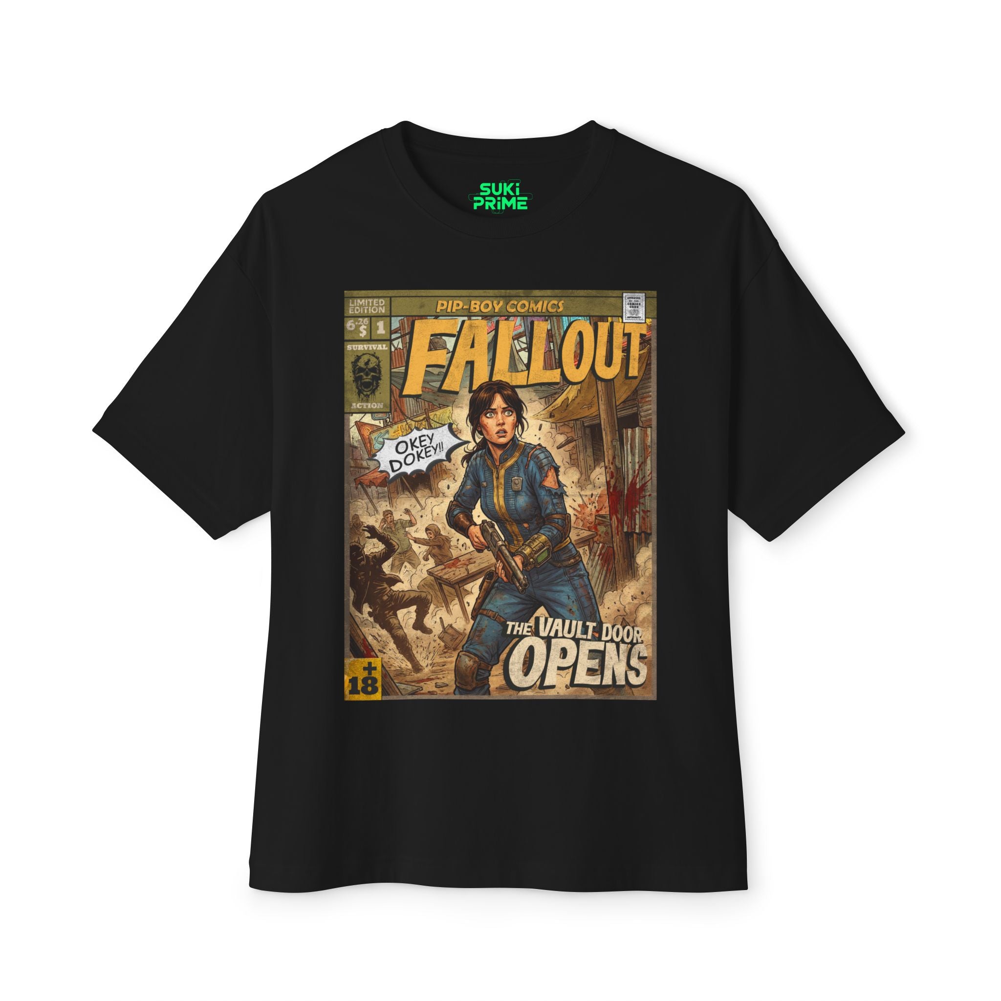 Shop Retro Vintage Comic Cover The Fallout oversized unisex t‑shirt by SukiPrime. Exclusive TV-series inspired design with nostalgic comic-cover style.