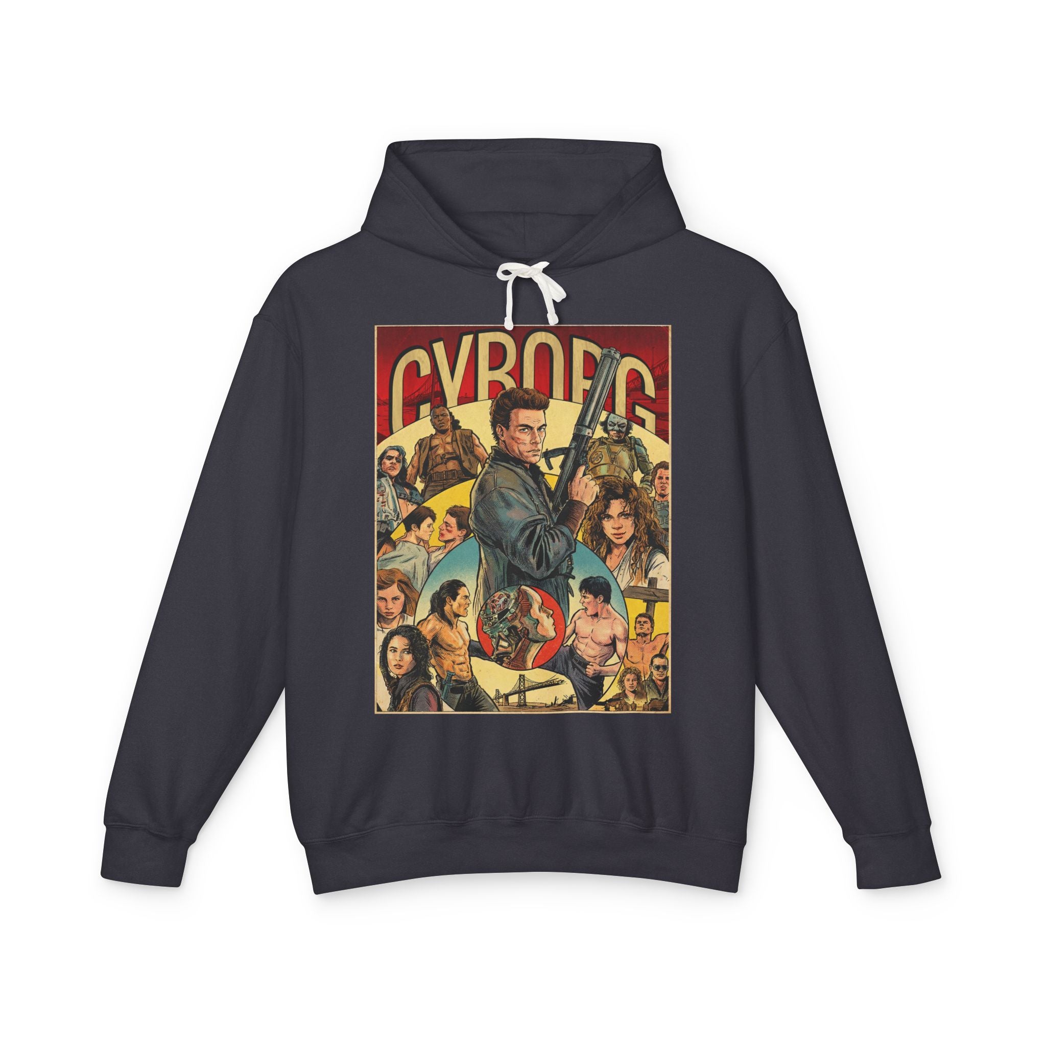 Premium black hoodie from SukiPrime featuring vintage artwork of the 1989 movie Cyborg with Jean-Claude Van Damme.
