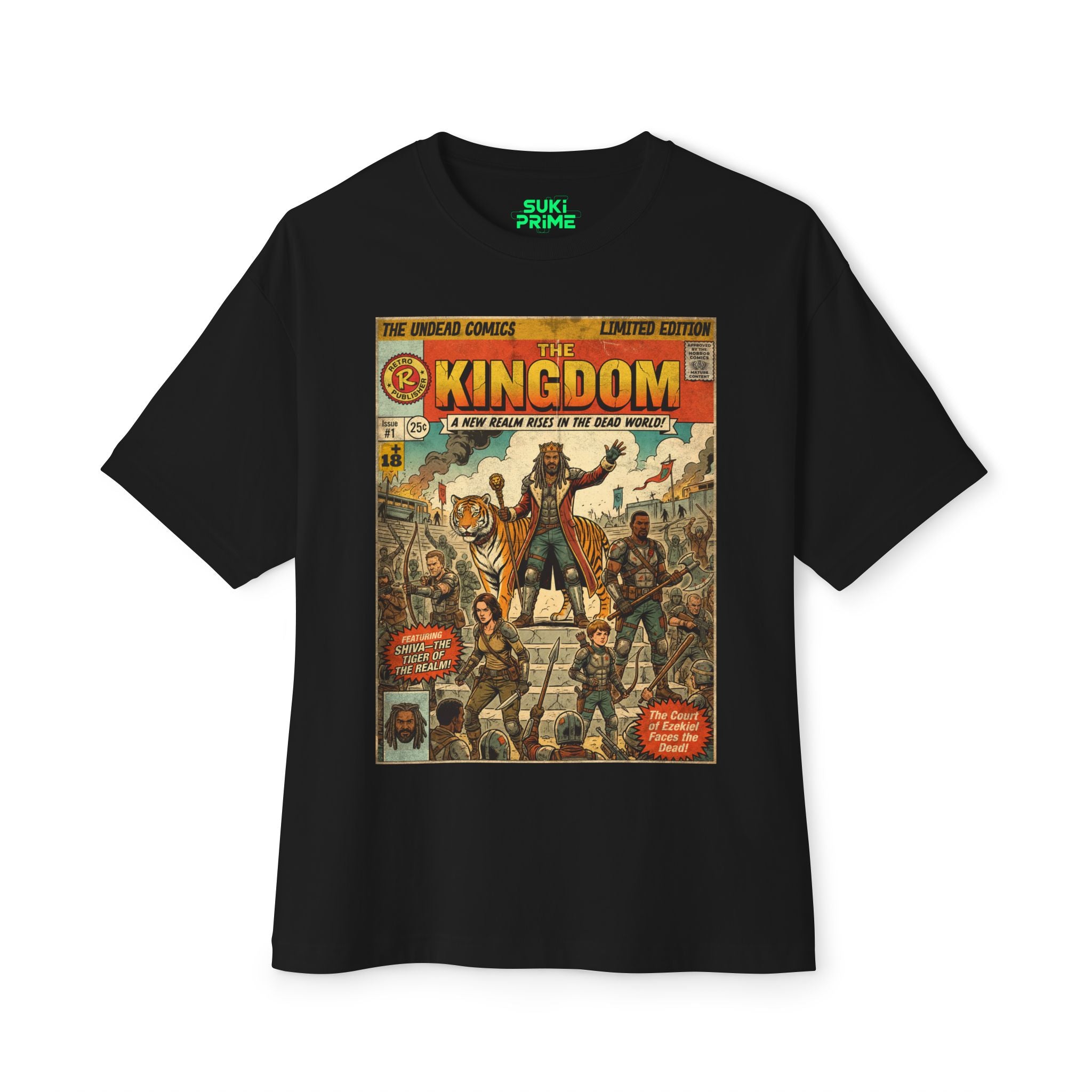 Shop Retro Vintage Comic Cover The Walking Dead oversized unisex t‑shirt by SukiPrime. Exclusive TV-series inspired design with nostalgic comic-cover style.