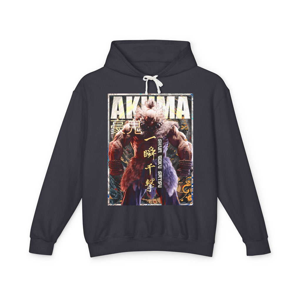 Black hoodie with 'AKUMA' graphic design on a white background featuring unique vintage comic cover art, High-quality gaming apparel for retro horror fans by sukiprime