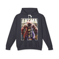 Black hoodie with 'AKUMA' graphic design on a white background featuring unique vintage comic cover art, High-quality gaming apparel for retro horror fans by sukiprime