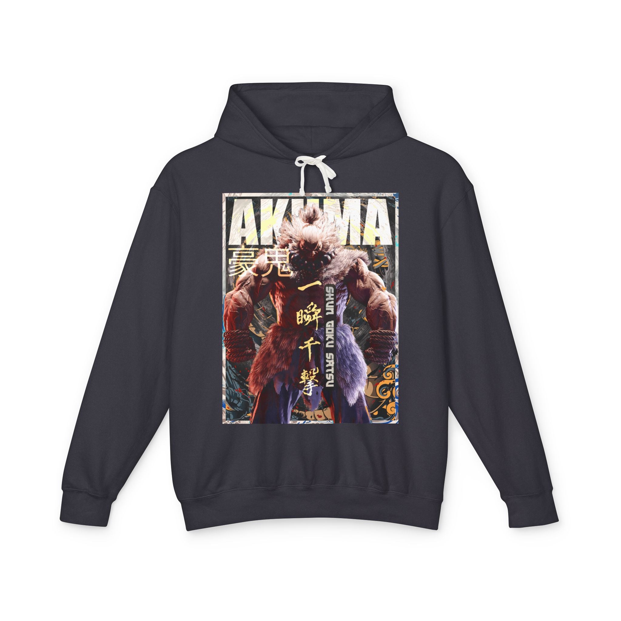 Black hoodie with 'AKUMA' graphic design on a white background featuring unique vintage comic cover art, High-quality gaming apparel for retro horror fans by sukiprime