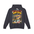 Black hoodie with 'Sonic Boom' guile and ryu fight in street fighter comic book cover design on a white background featuring retro vintage comic cover art gaming hoodie designed by SukiPrime