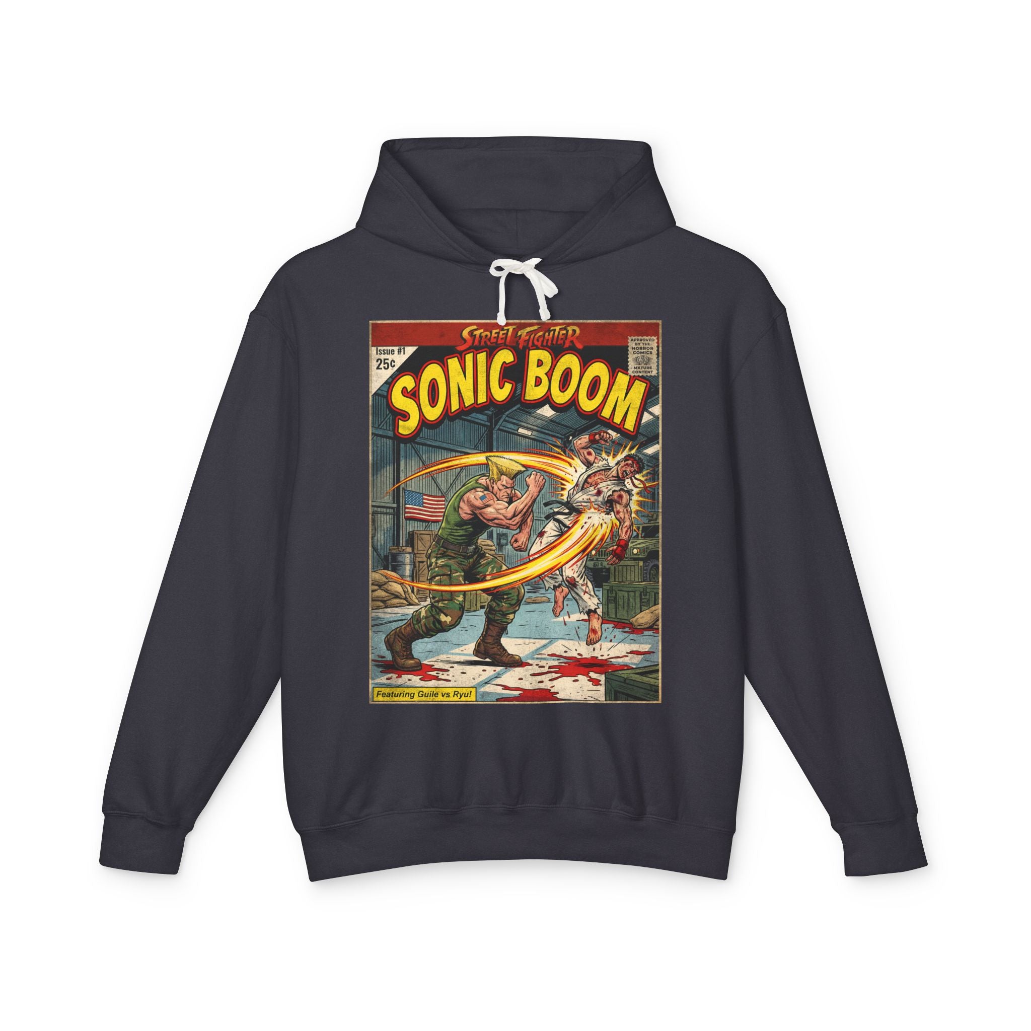 Black hoodie with 'Sonic Boom' guile and ryu fight in street fighter comic book cover design on a white background featuring retro vintage comic cover art gaming hoodie designed by SukiPrime