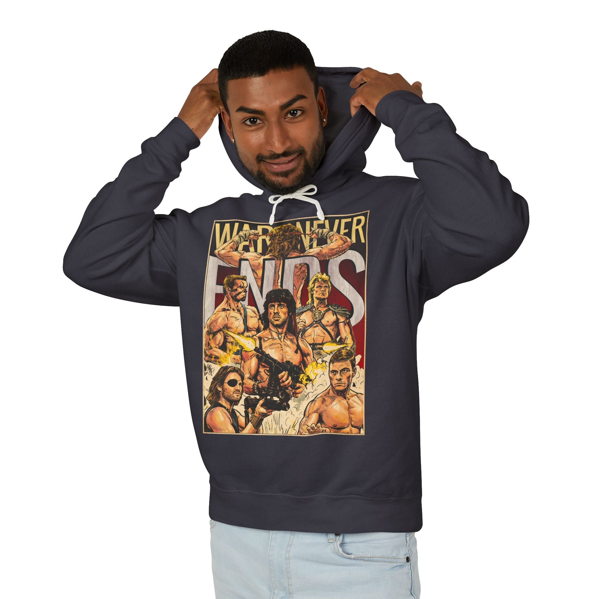 War Never Ends 80's Action Movie Comic Cover Hoodie