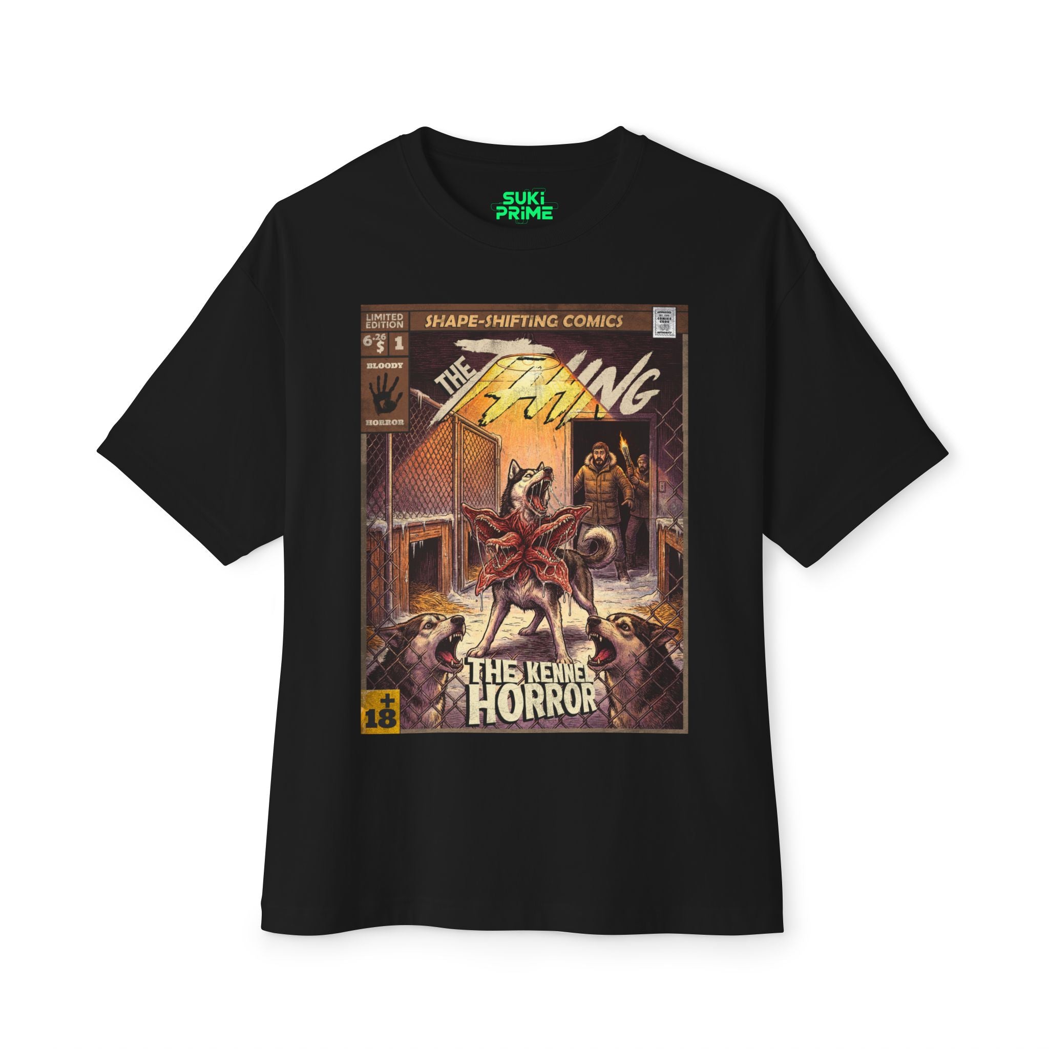 Black oversized t-shirt by SukiPrime featuring a vintage comic book cover design inspired by John Carpenter's The Thing. Retro-style artwork titled "The Kennel Horror" with shape-shifting huskies. Heavyweight cotton with a boxy, streetwear fit. Perfect for horror and comic fans.