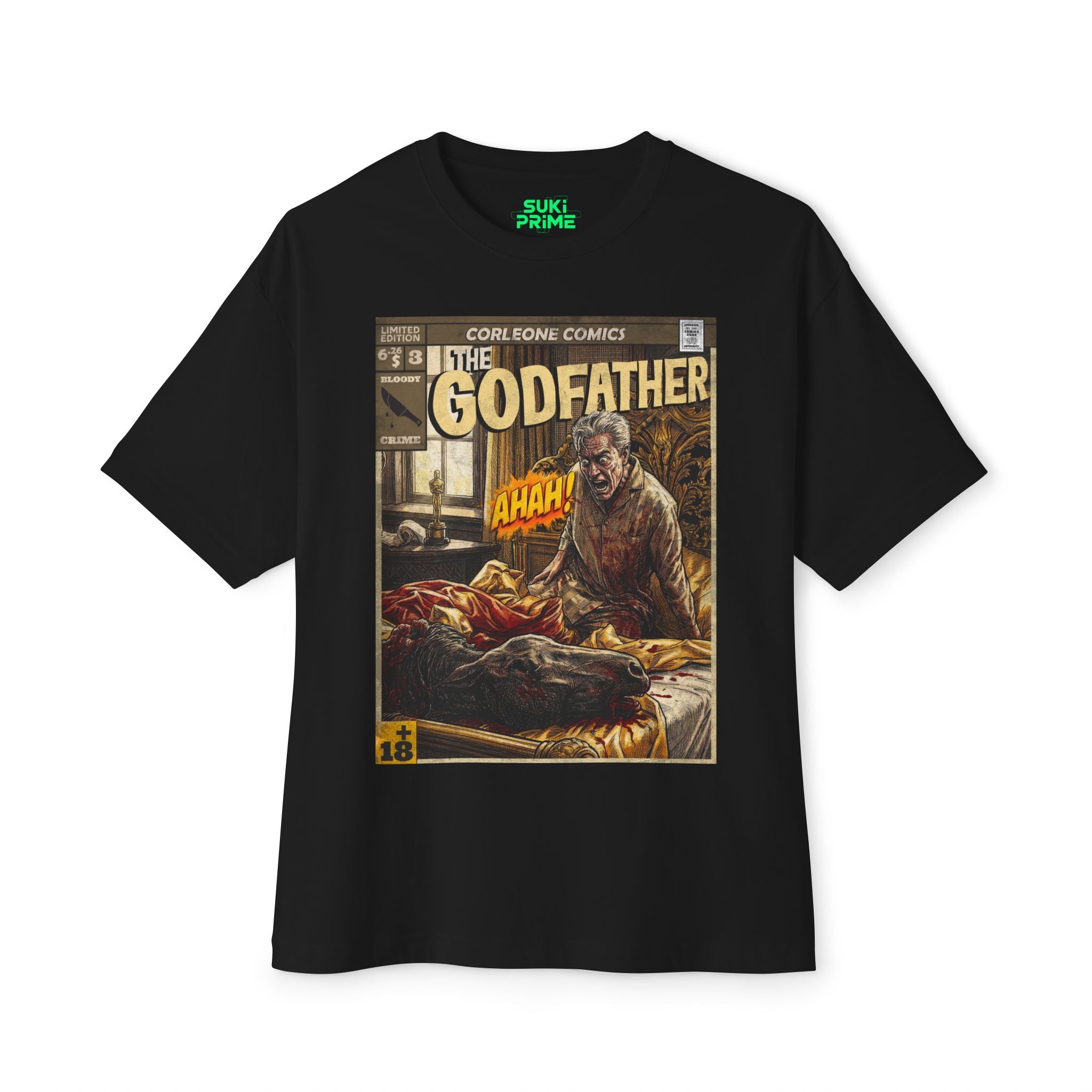 Front view of a black short-sleeve t-shirt displaying a vintage comic book style graphic. The design illustrates a dramatic scene from The Godfather, featuring a terrified man in bed next to a severed horse head, with the title 'Corleone Comics' prominently displayed. The artwork has a gritty, retro aesthetic, capturing the iconic moment with bold colors and details.
