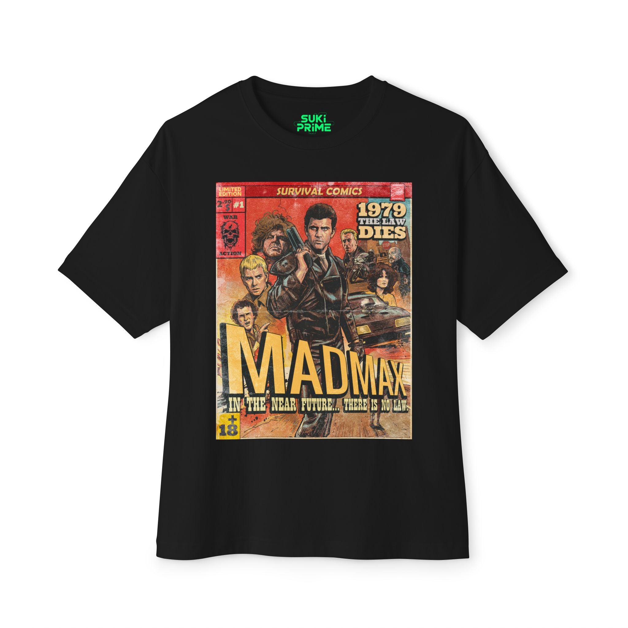 A black oversized t-shirt featuring a vintage comic book graphic titled 'MAD MAX: IN THE NEAR FUTURE... THERE IS NO LAW.' The illustration depicts Mel Gibson as Max Rockatansky in a leather police uniform, holding a shotgun, surrounded by characters and a pursuit vehicle from the 1979 film. The comic-style design includes phrases like 'SURVIVAL COMICS,' '1979 THE LAW DIES,' and a 'LIMITED EDITION #1' corner box, with a small green 'SUKI PRIME' logo on the inside neck.