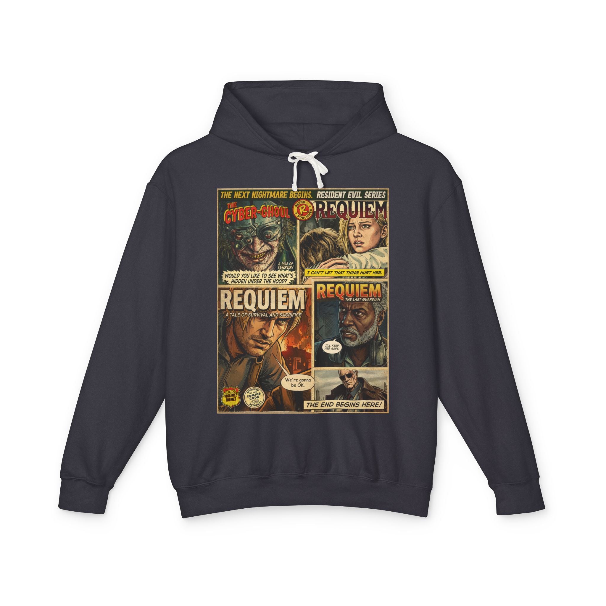 Resident Evil Requiem Comic Cover Gaming Hoodie featuring unique vintage comic cover art. High-quality gaming apparel for retro fans by SukiPrime
