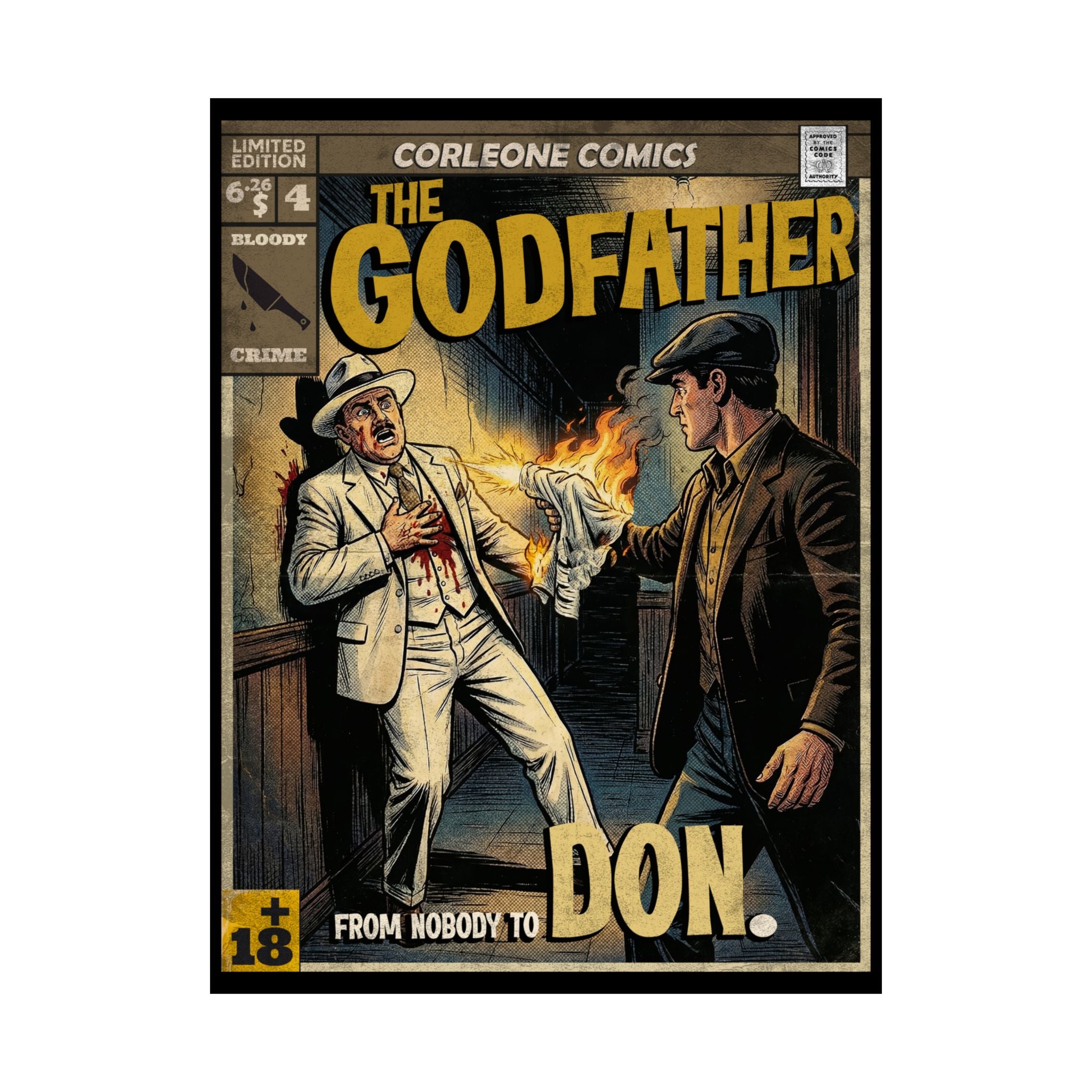 The Godfather Movie Poster designed with retro vintage comic book cover style. Movie poster is satin (300gsm) 18″ x 24″ (Vertical) for retro wall decoration. exclusive and unique design by SukiPrime