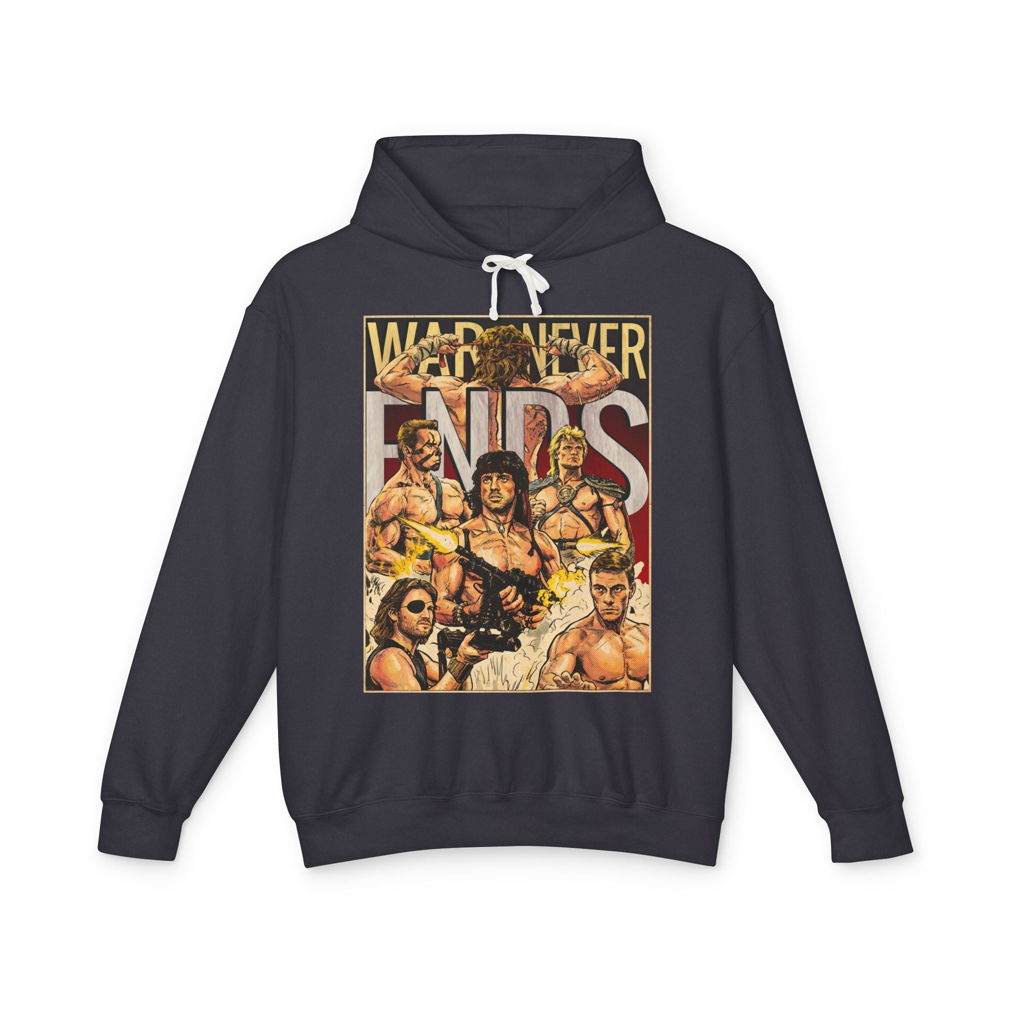 SukiPrime hoodie showcasing iconic 80s action heroes with "War Never Ends" text, perfect for retro movie fans.